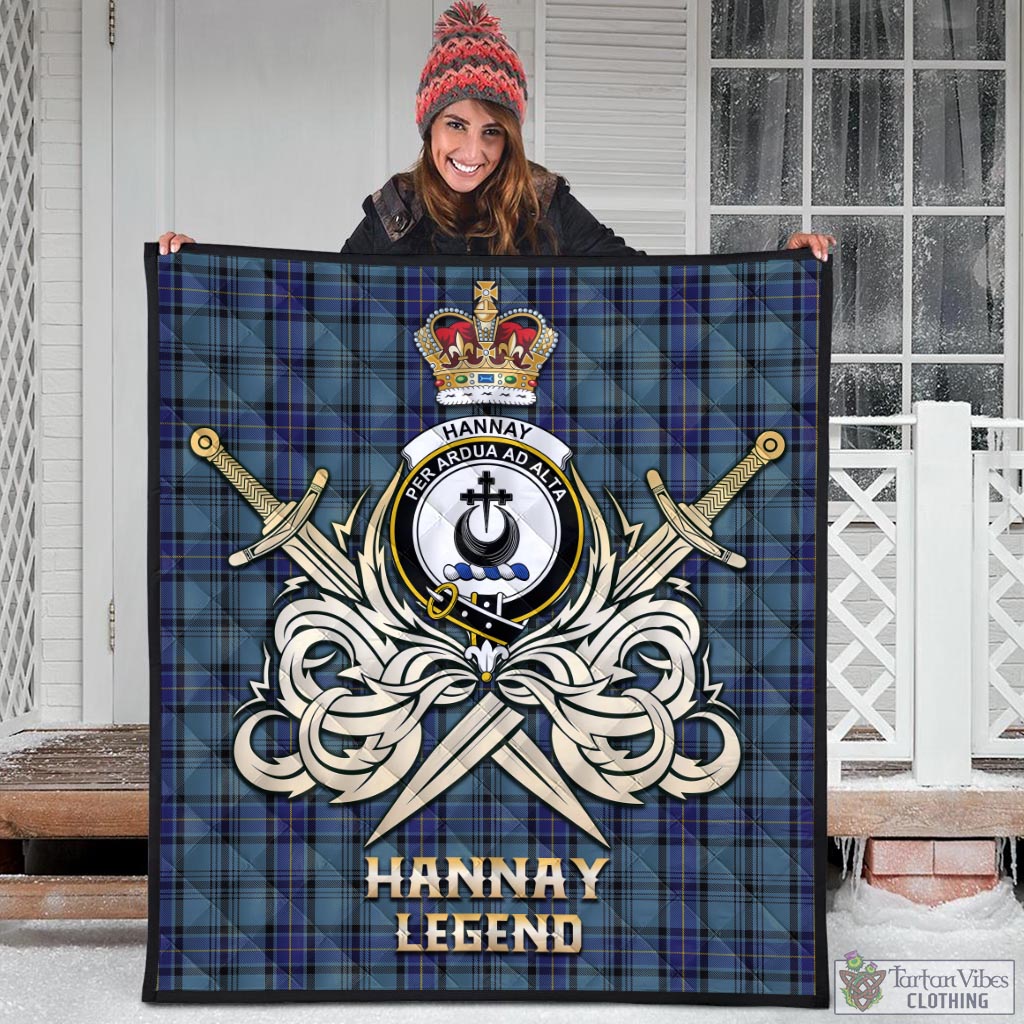 Tartan Vibes Clothing Hannay Blue Tartan Quilt with Clan Crest and the Golden Sword of Courageous Legacy