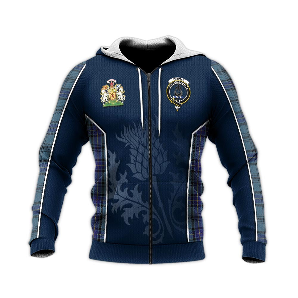 Tartan Vibes Clothing Hannay Blue Tartan Knitted Hoodie with Family Crest and Scottish Thistle Vibes Sport Style