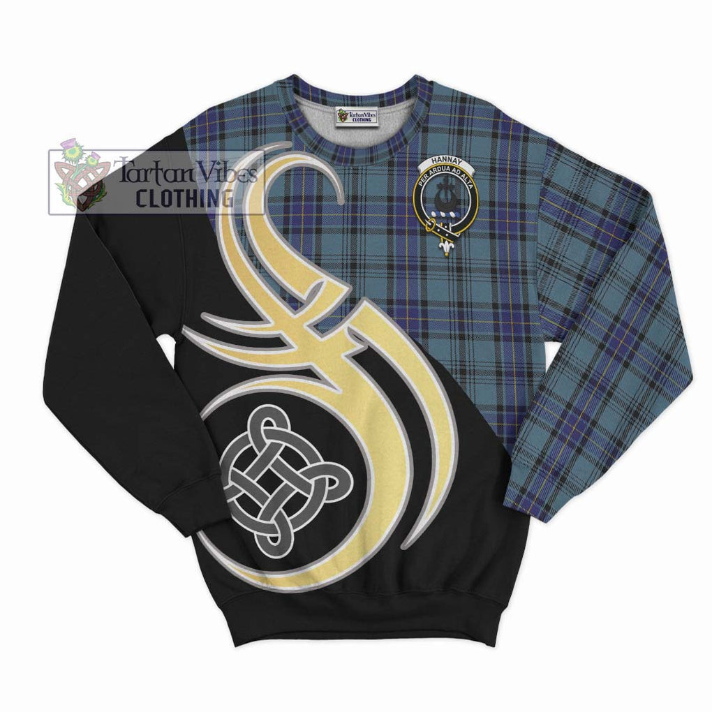 Hannay Blue Tartan Sweatshirt with Family Crest and Celtic Symbol Style - Tartan Vibes Clothing