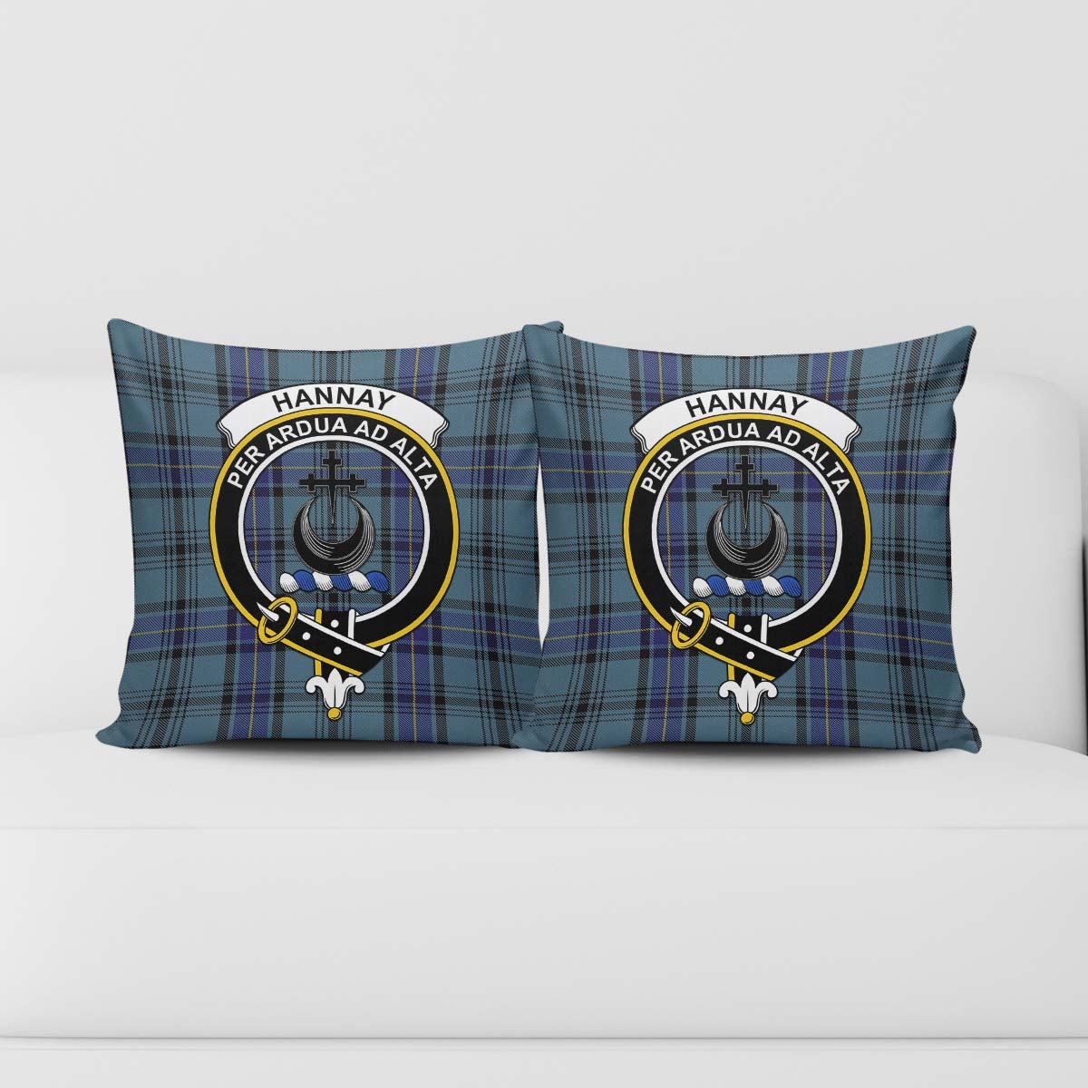 Hannay Blue Tartan Pillow Cover with Family Crest - Tartanvibesclothing