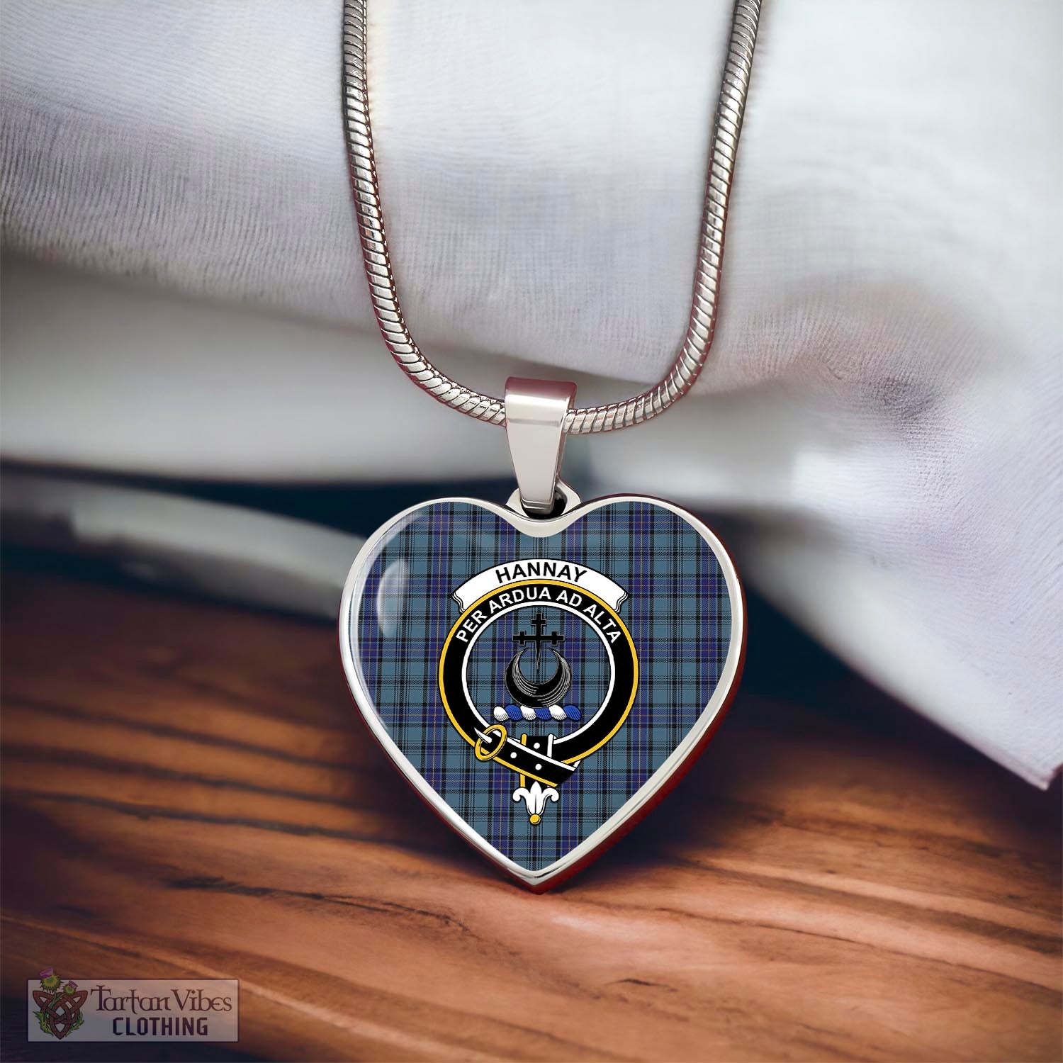 Tartan Vibes Clothing Hannay Blue Tartan Heart Necklace with Family Crest