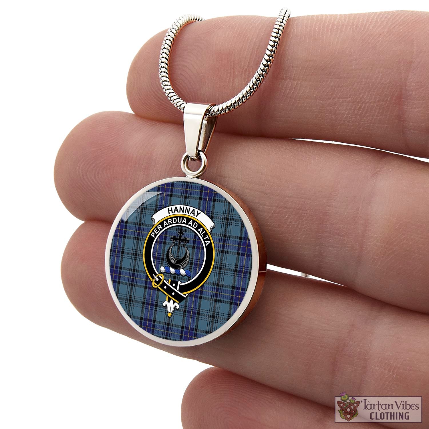 Tartan Vibes Clothing Hannay Blue Tartan Circle Necklace with Family Crest