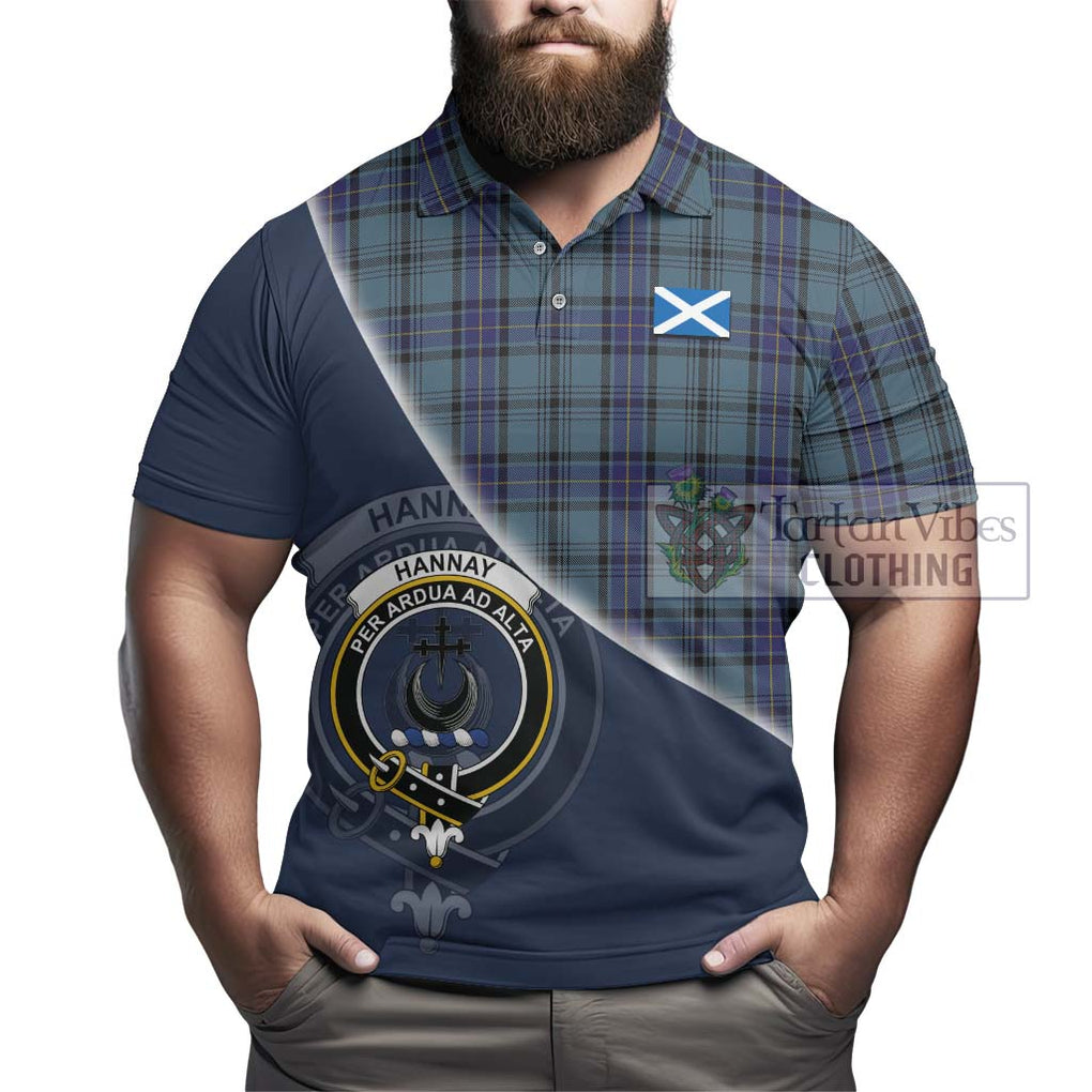 Hannay Blue Tartan Polo Shirt with Personalised National Flag and Family Crest Half Style - Tartanvibesclothing Shop