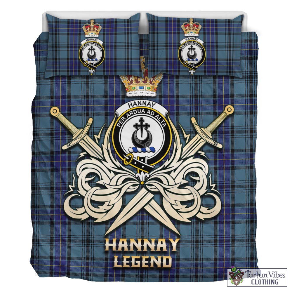 Tartan Vibes Clothing Hannay Blue Tartan Bedding Set with Clan Crest and the Golden Sword of Courageous Legacy