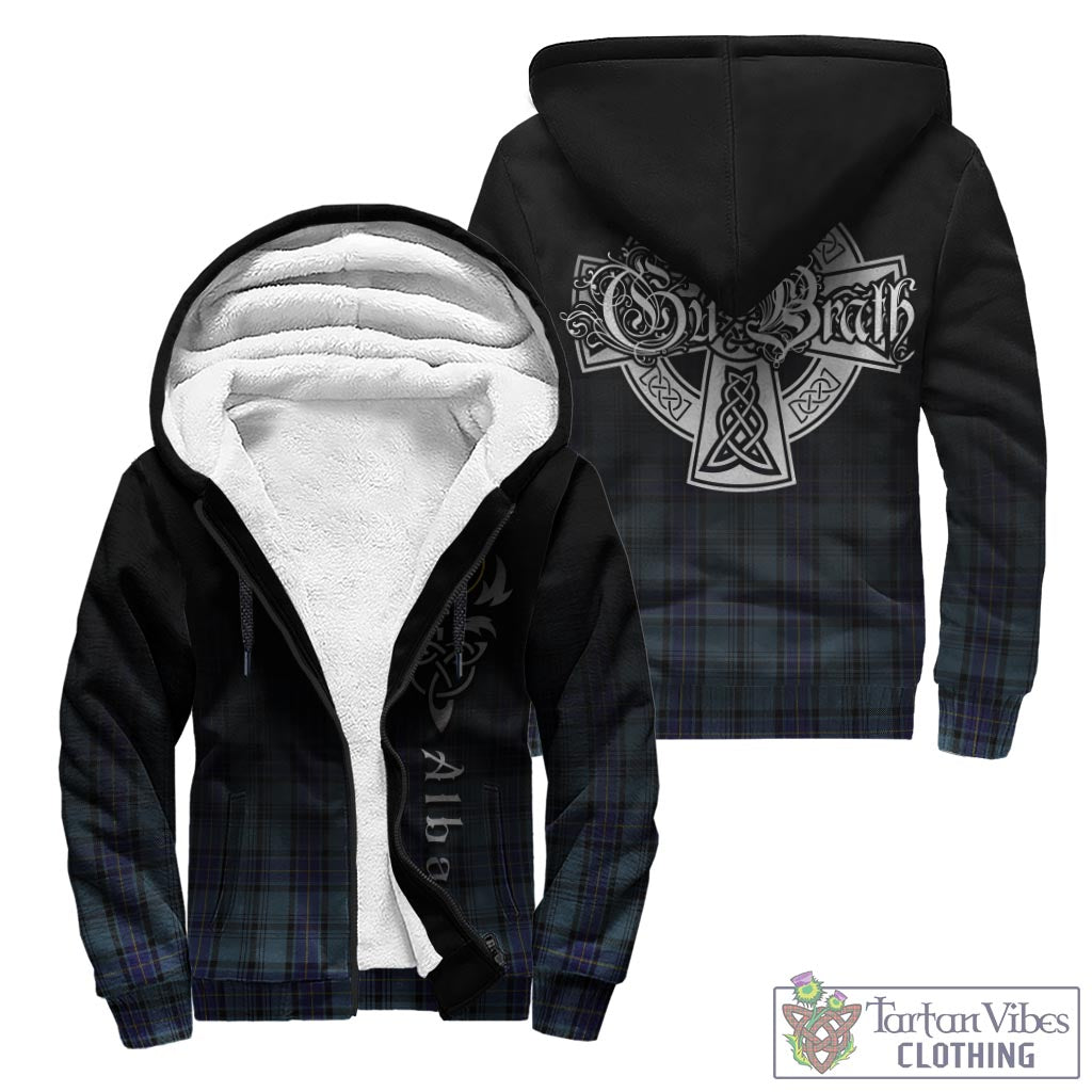 Tartan Vibes Clothing Hannay Blue Tartan Sherpa Hoodie Featuring Alba Gu Brath Family Crest Celtic Inspired