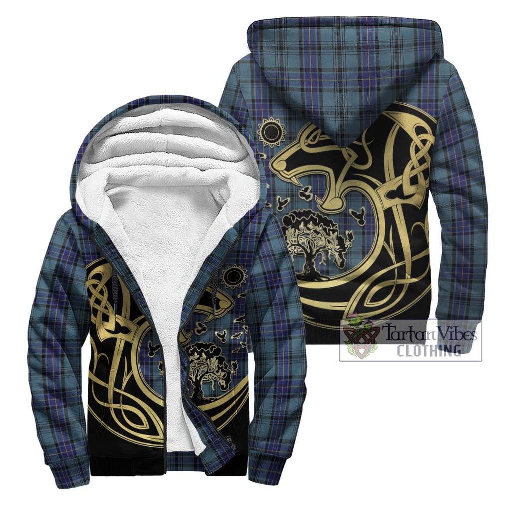 Hannay Blue Tartan Sherpa Hoodie with Family Crest Celtic Wolf Style Unisex - Tartan Vibes Clothing