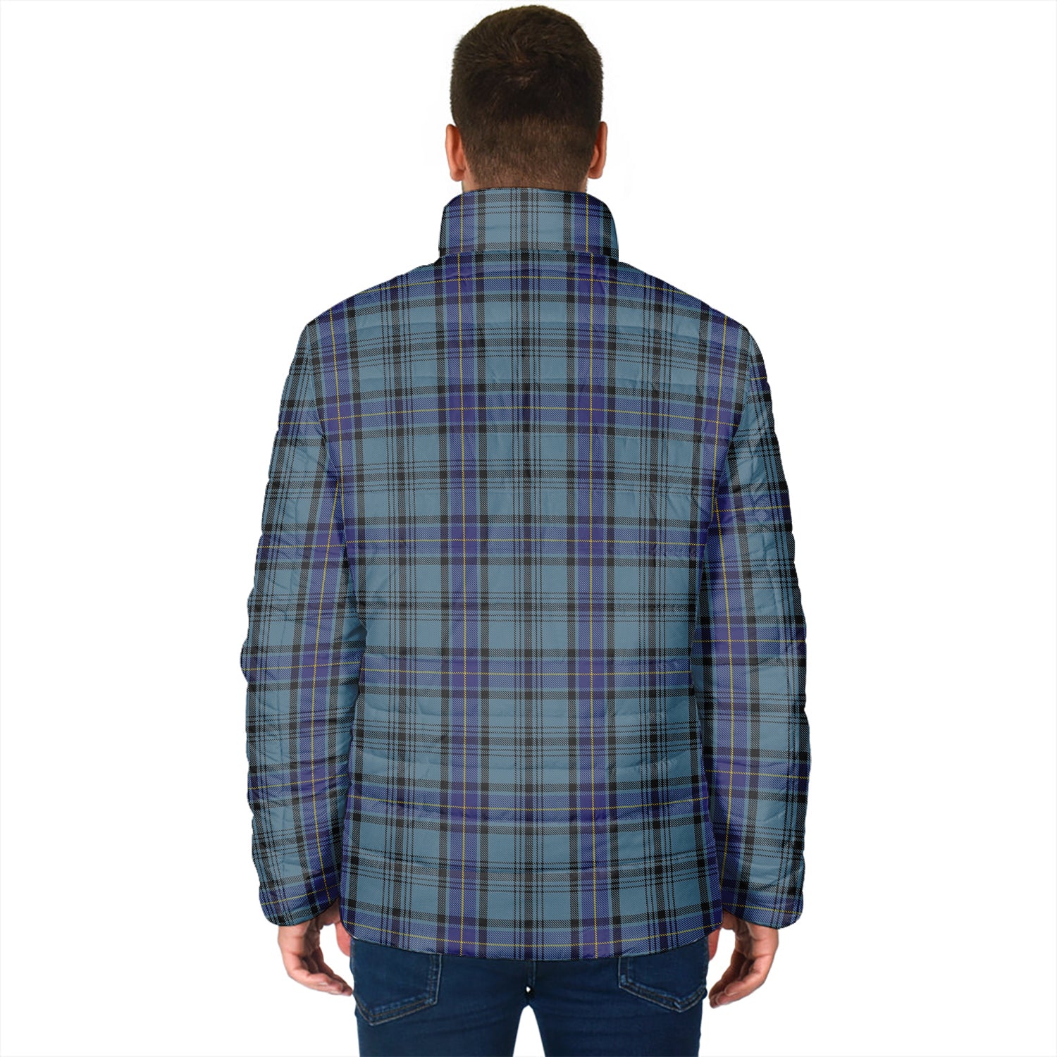 Hannay Blue Tartan Padded Jacket with Family Crest - Tartan Vibes Clothing