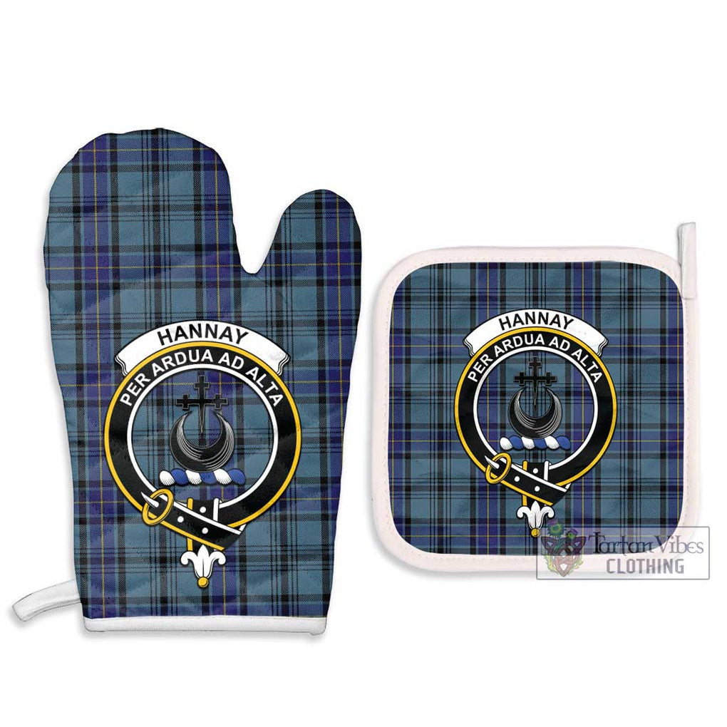 Hannay Blue Tartan Combo Oven Mitt & Pot-Holder with Family Crest Combo 1 Oven Mitt & 2 Pot-Holder White - Tartan Vibes Clothing