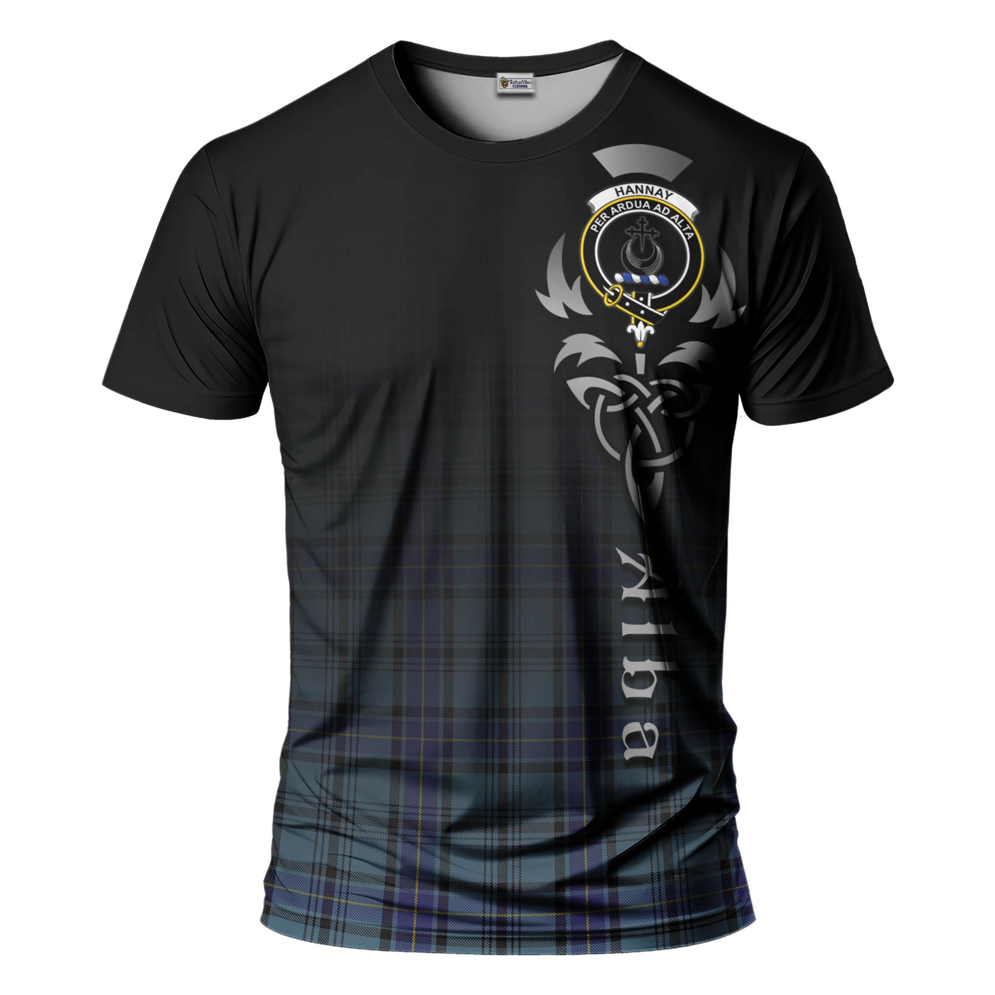 Tartan Vibes Clothing Hannay Blue Tartan T-Shirt Featuring Alba Gu Brath Family Crest Celtic Inspired