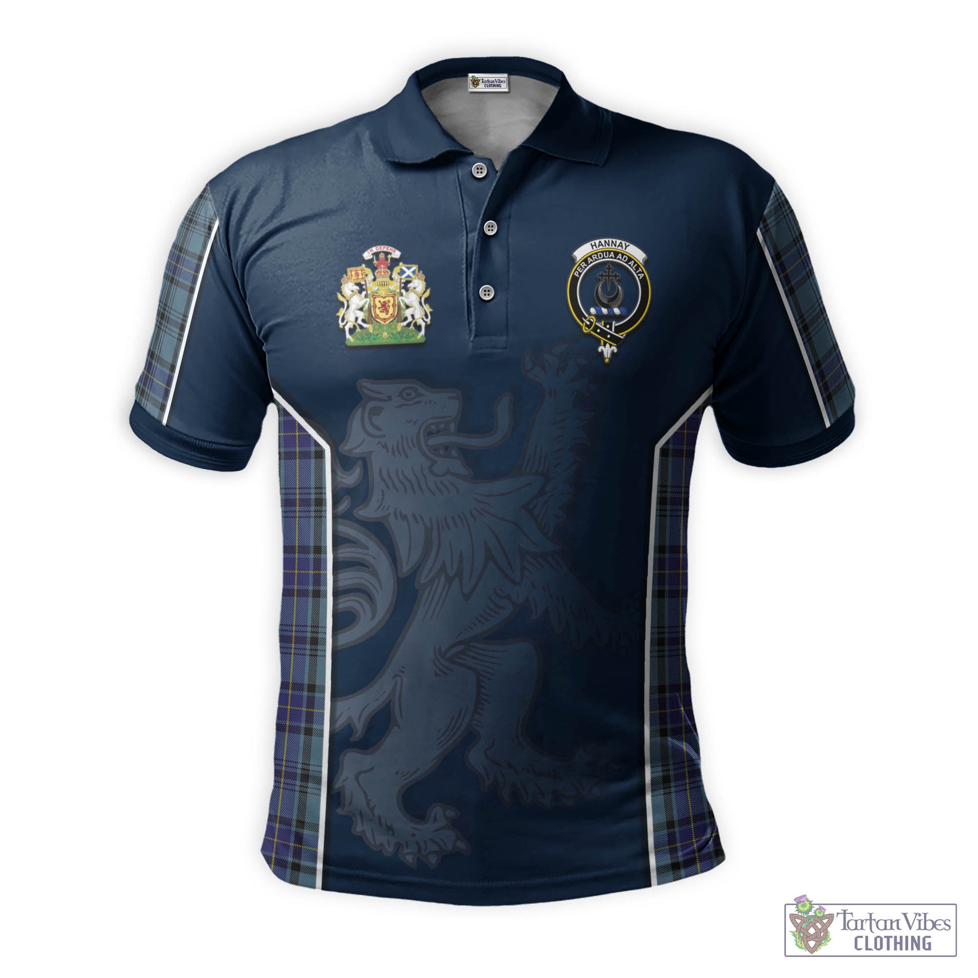 Tartan Vibes Clothing Hannay Blue Tartan Men's Polo Shirt with Family Crest and Lion Rampant Vibes Sport Style