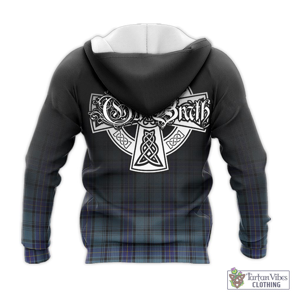 Tartan Vibes Clothing Hannay Blue Tartan Knitted Hoodie Featuring Alba Gu Brath Family Crest Celtic Inspired