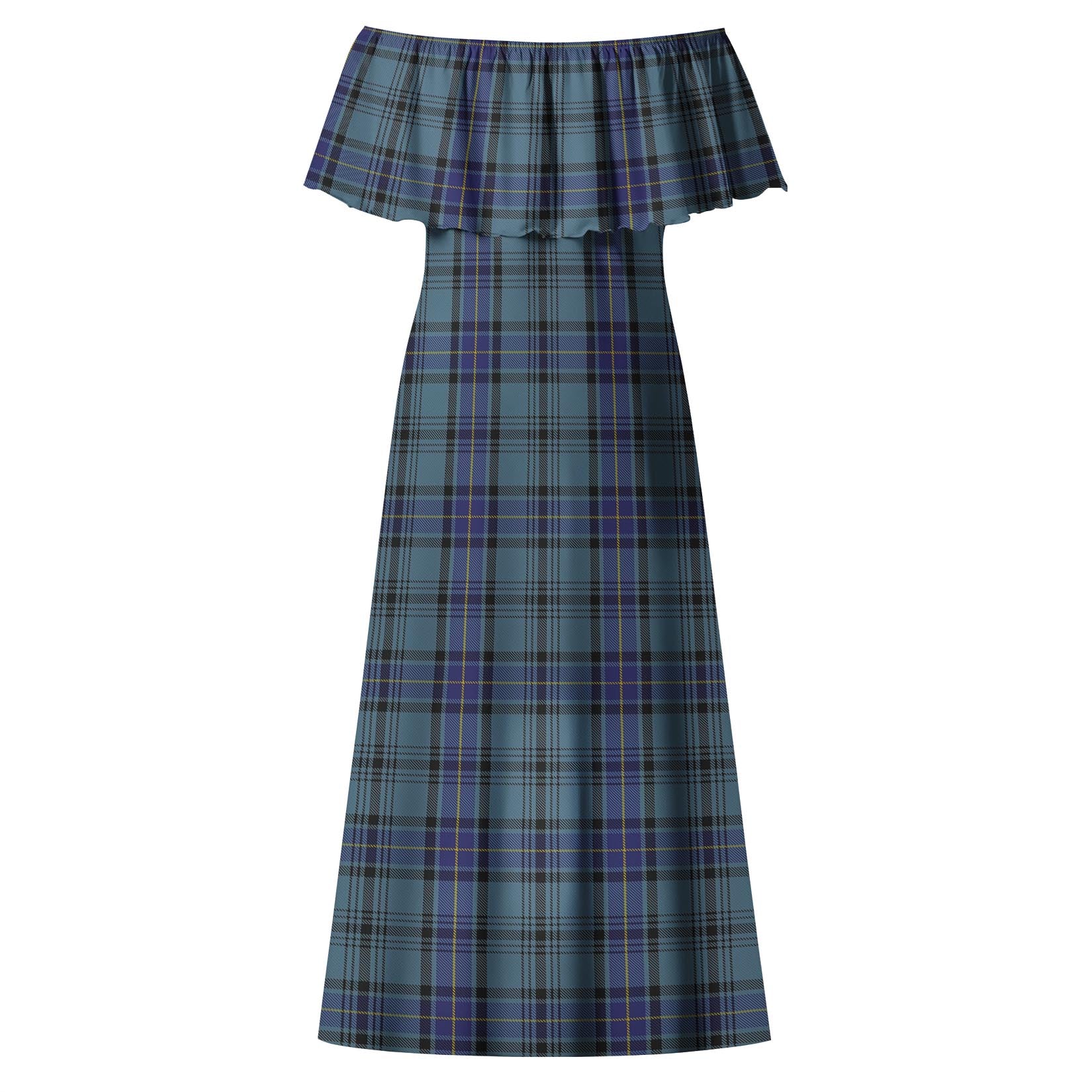 Hannay Blue Tartan Off Shoulder Long Dress - Tartanvibesclothing