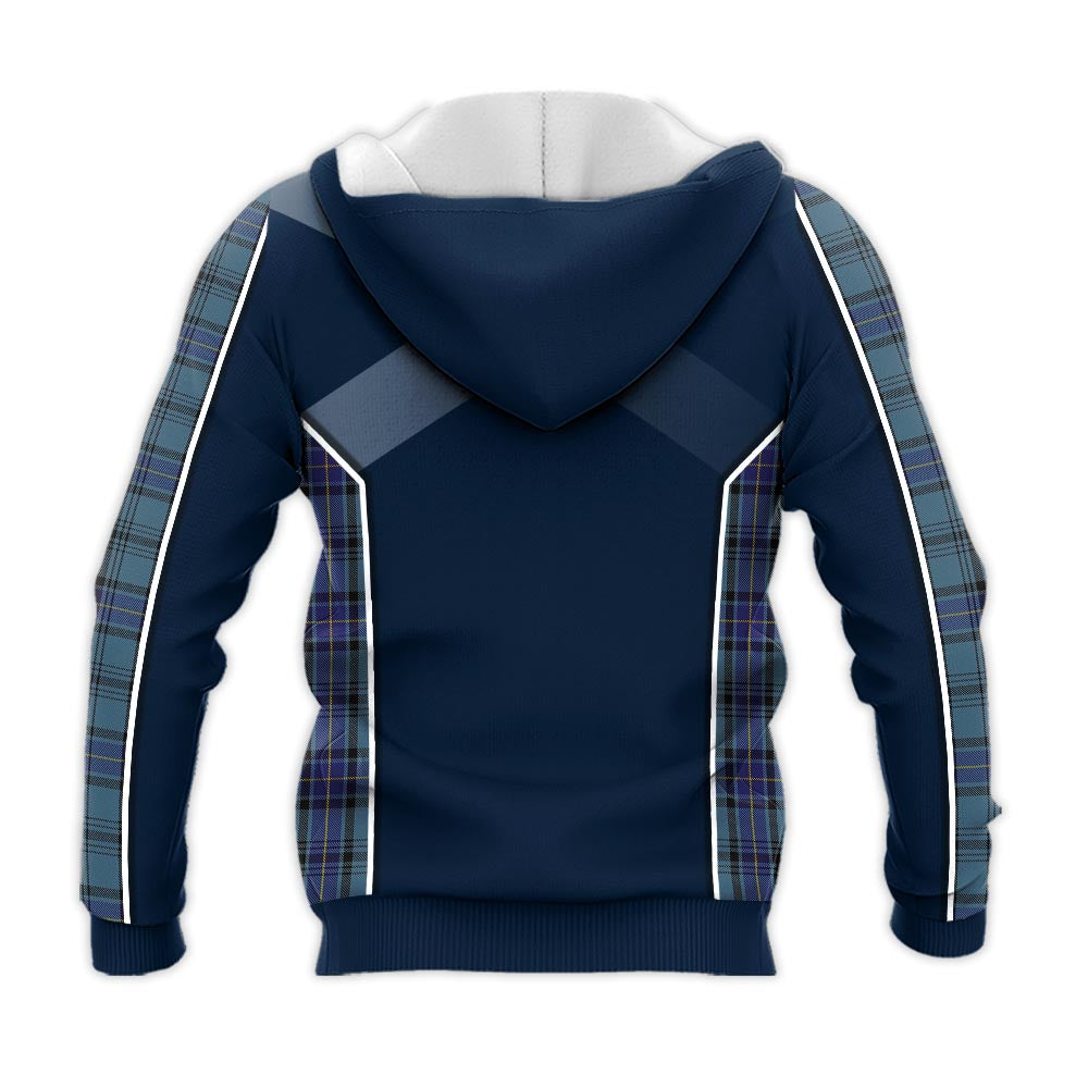 Tartan Vibes Clothing Hannay Blue Tartan Knitted Hoodie with Family Crest and Scottish Thistle Vibes Sport Style