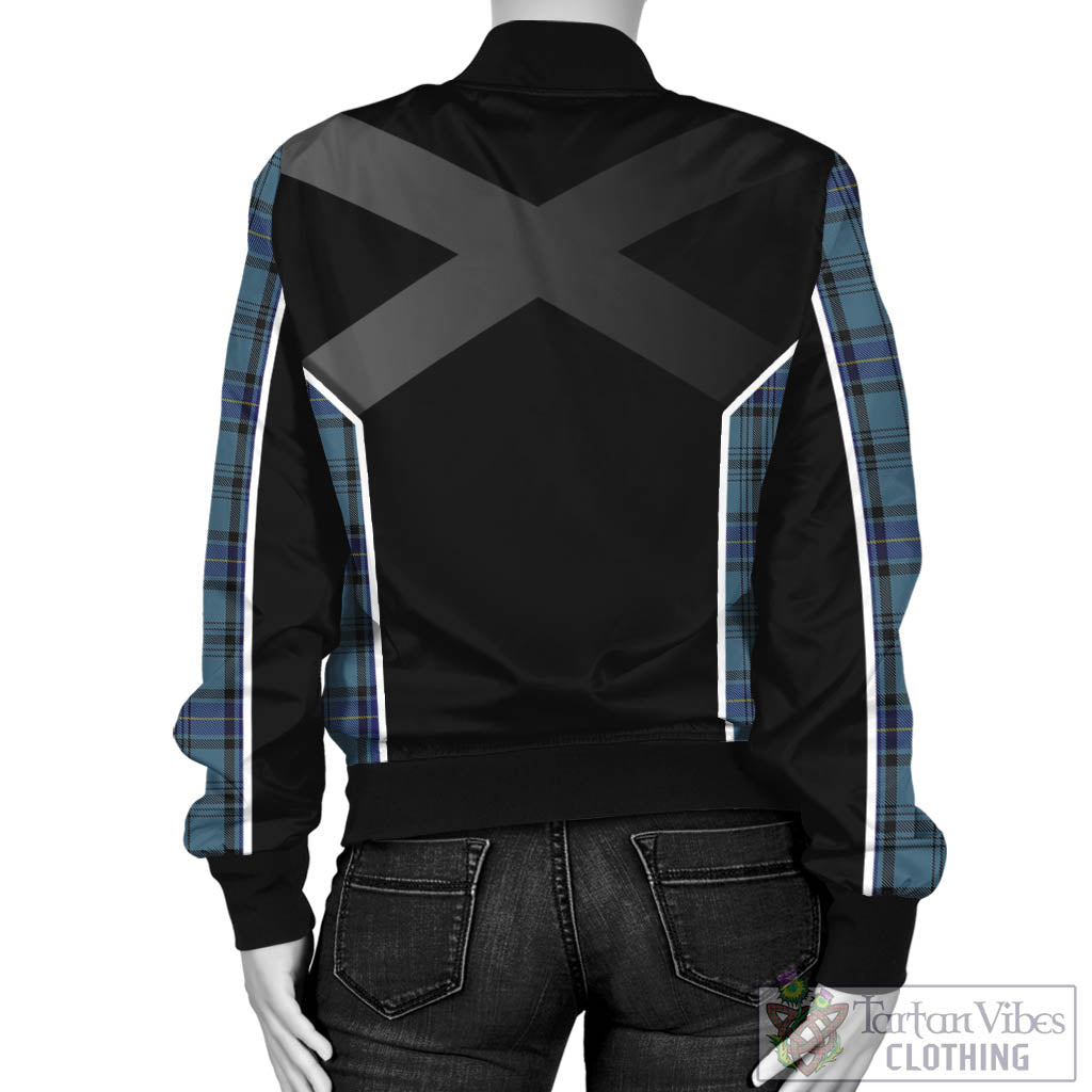 Tartan Vibes Clothing Hannay Blue Tartan Bomber Jacket with Family Crest and Scottish Thistle Vibes Sport Style