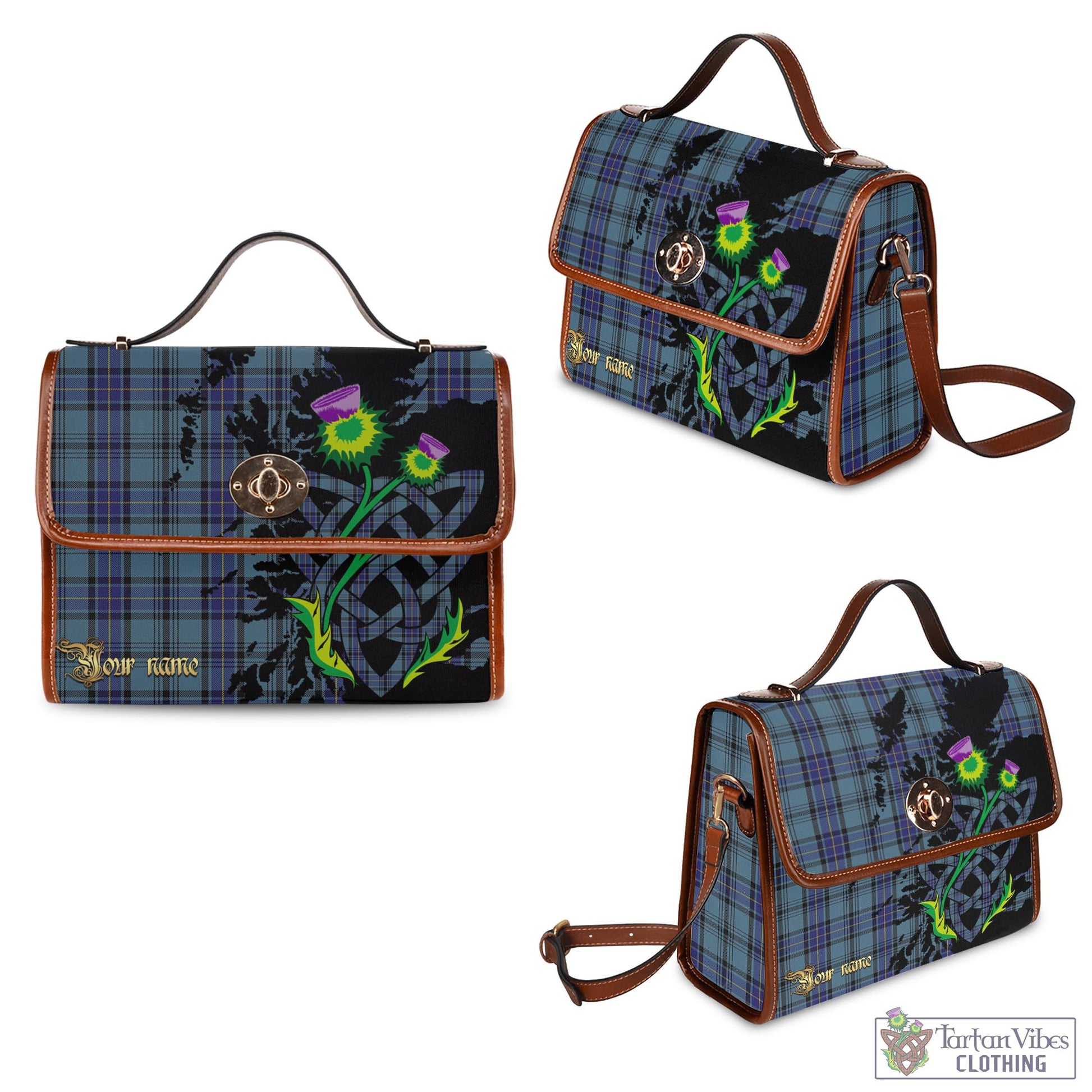 Tartan Vibes Clothing Hannay Blue Tartan Waterproof Canvas Bag with Scotland Map and Thistle Celtic Accents