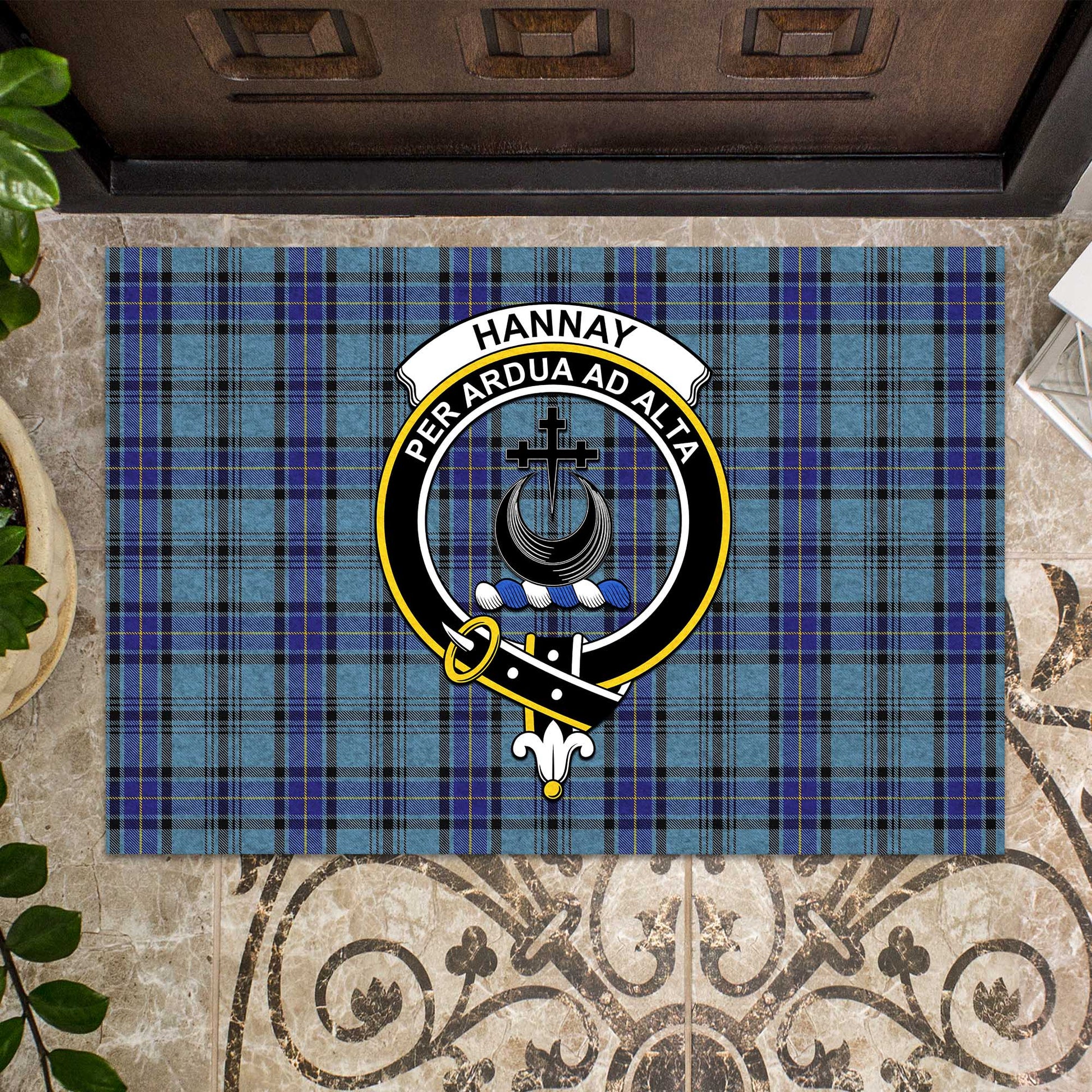 Hannay Blue Tartan Door Mat with Family Crest - Tartanvibesclothing