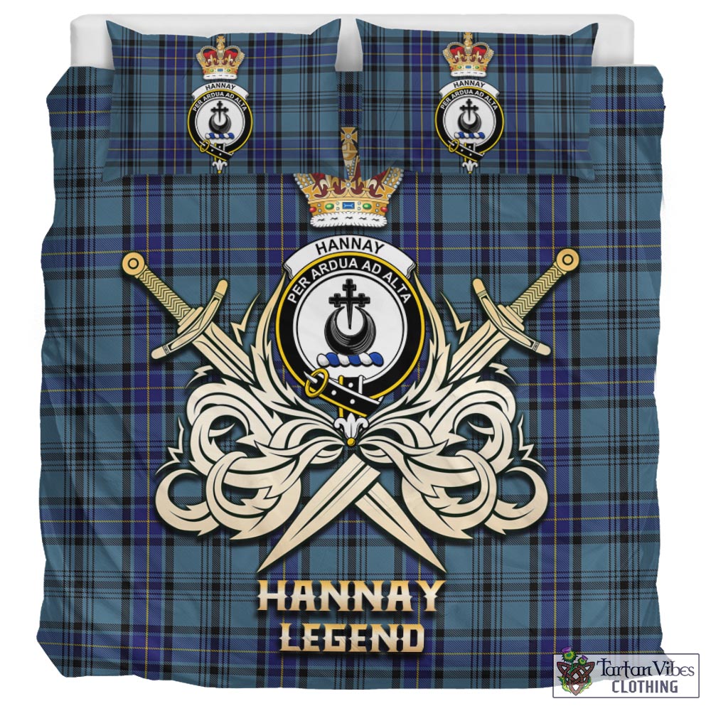 Tartan Vibes Clothing Hannay Blue Tartan Bedding Set with Clan Crest and the Golden Sword of Courageous Legacy