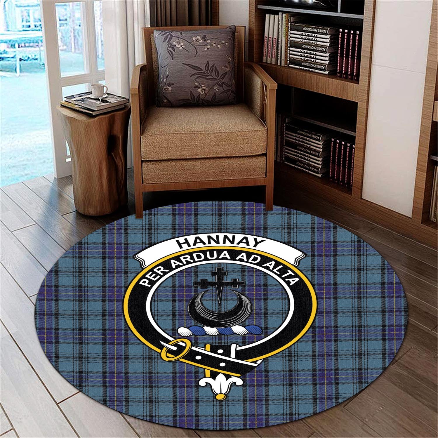 hannay-blue-tartan-round-rug-with-family-crest