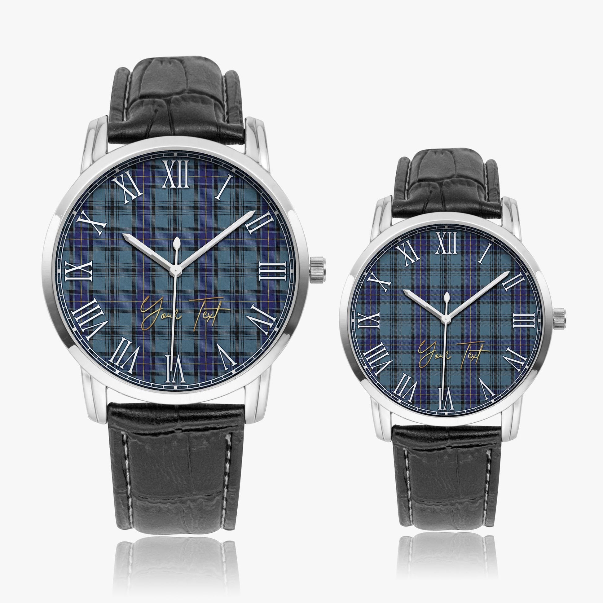 Hannay Blue Tartan Personalized Your Text Leather Trap Quartz Watch Wide Type Silver Case With Black Leather Strap - Tartanvibesclothing