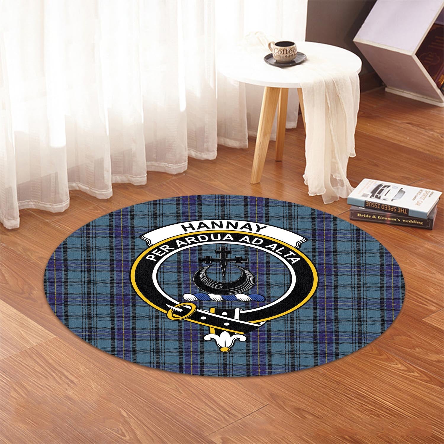 hannay-blue-tartan-round-rug-with-family-crest