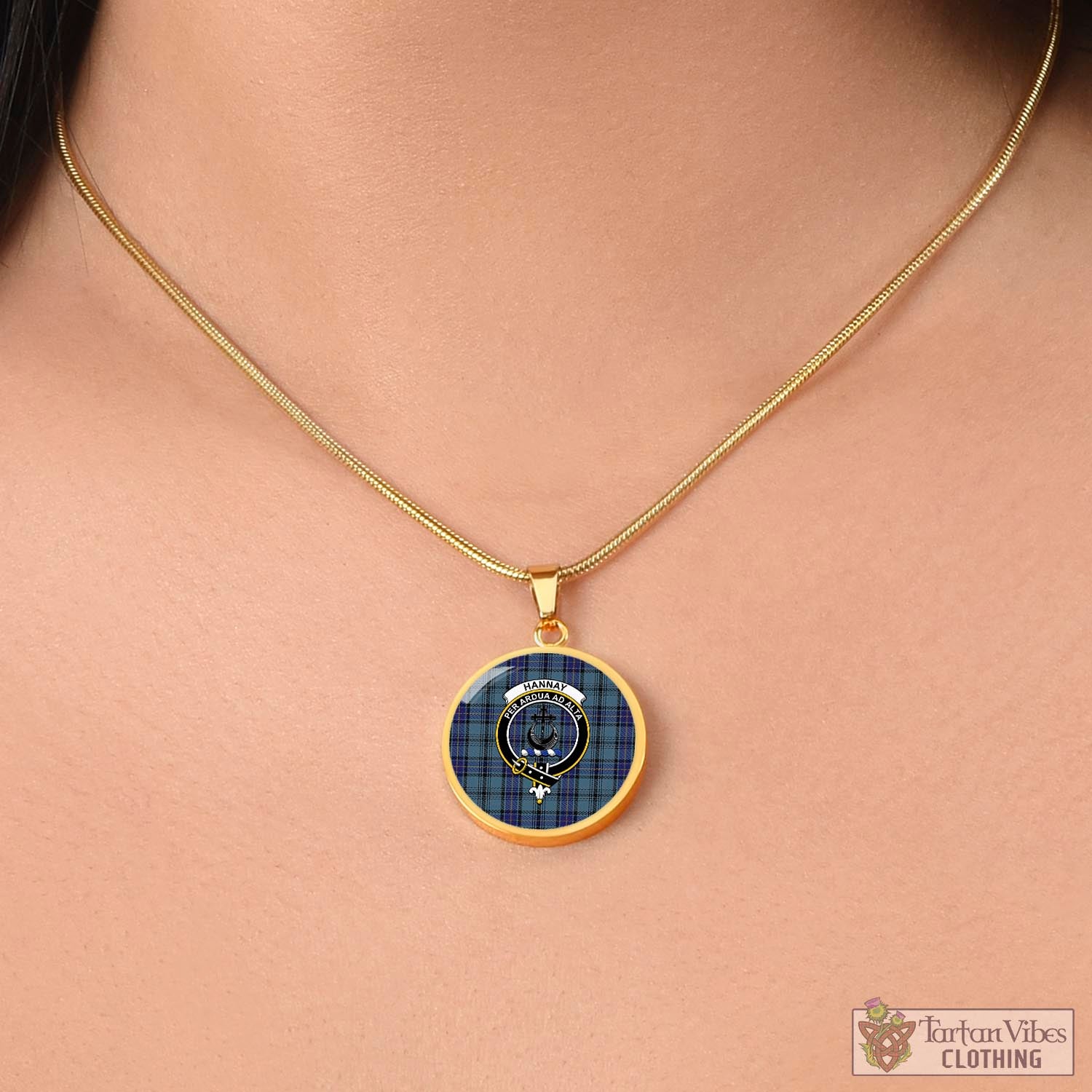 Tartan Vibes Clothing Hannay Blue Tartan Circle Necklace with Family Crest