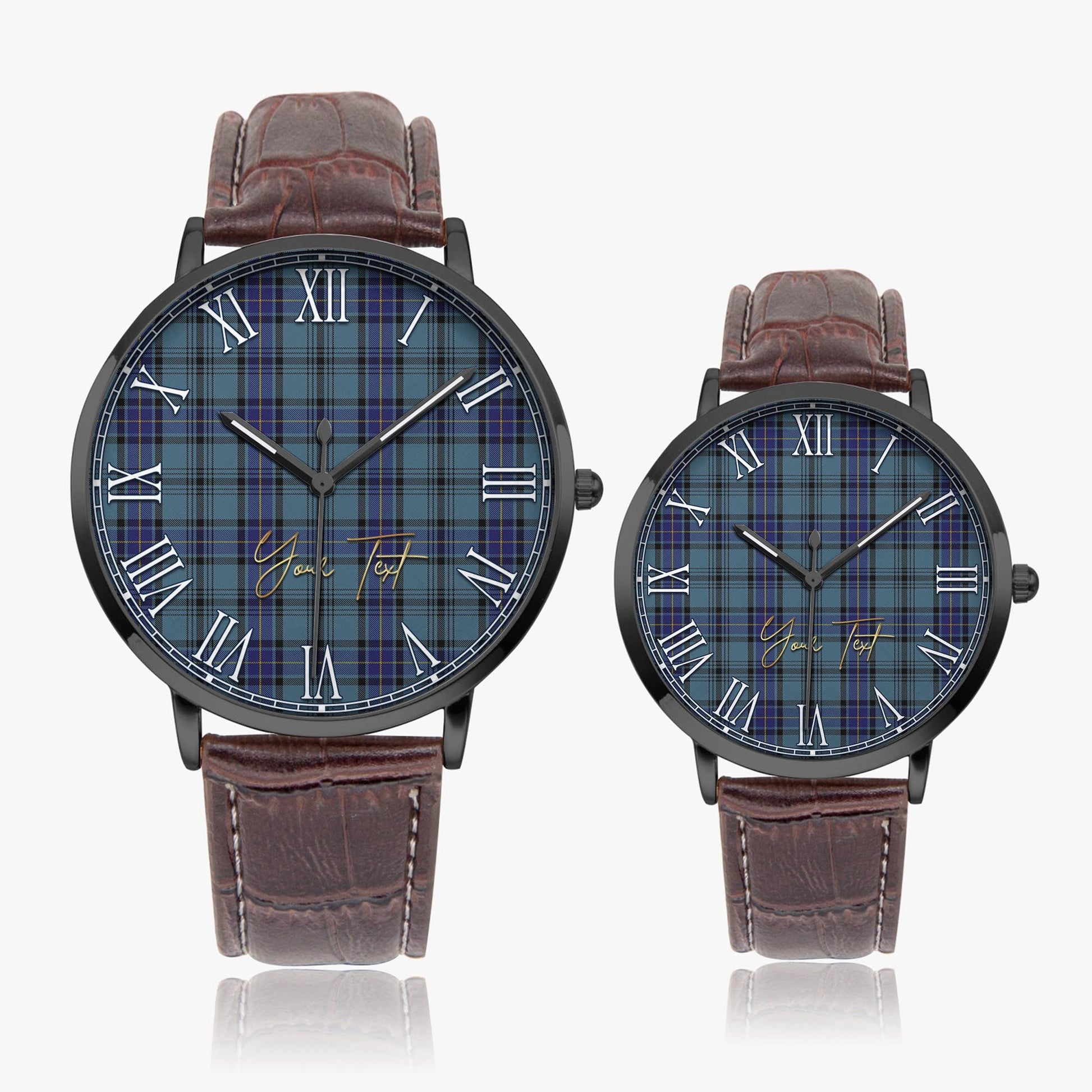 Hannay Blue Tartan Personalized Your Text Leather Trap Quartz Watch Ultra Thin Black Case With Brown Leather Strap - Tartanvibesclothing