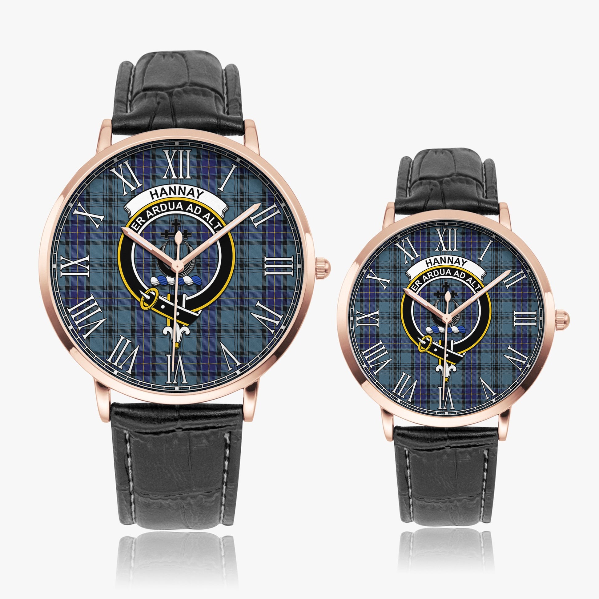 Hannay Blue Tartan Family Crest Leather Strap Quartz Watch - Tartanvibesclothing