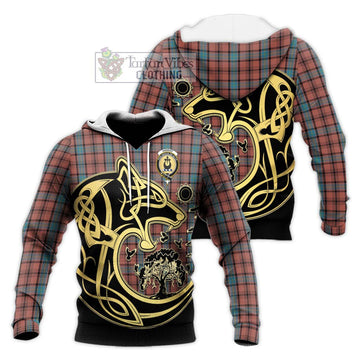 Hannay Dress Tartan Knitted Hoodie with Family Crest Celtic Wolf Style