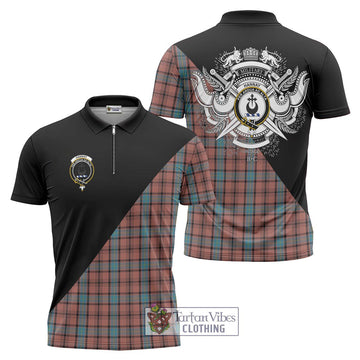 Hannay Dress Tartan Zipper Polo Shirt with Family Crest and Military Logo Style