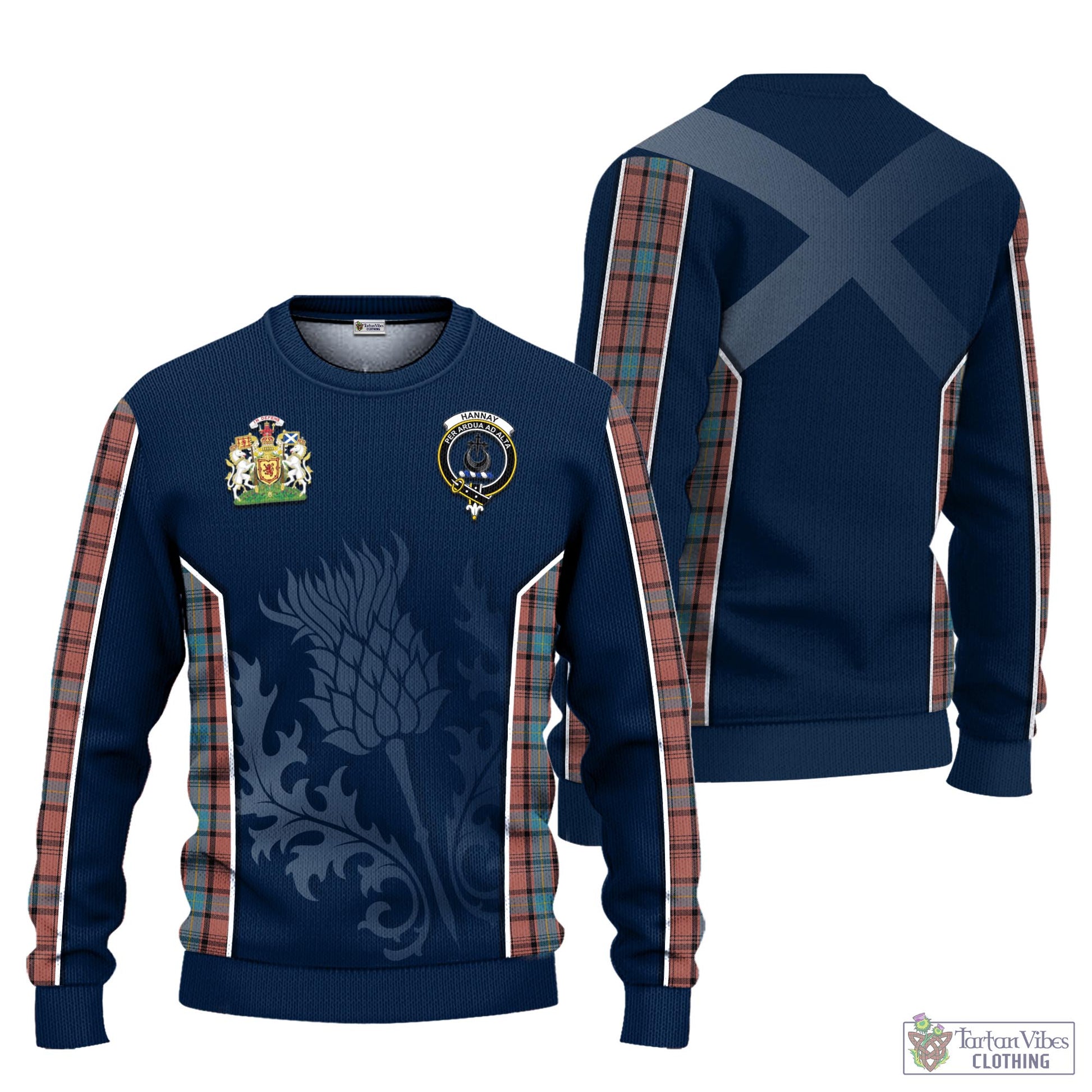 Tartan Vibes Clothing Hannay Dress Tartan Knitted Sweatshirt with Family Crest and Scottish Thistle Vibes Sport Style