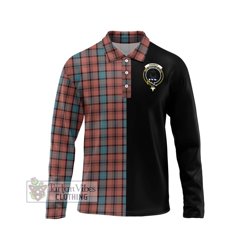 Hannay Dress Tartan Long Sleeve Polo Shirt with Family Crest and Half Of Me Style Unisex - Tartanvibesclothing Shop