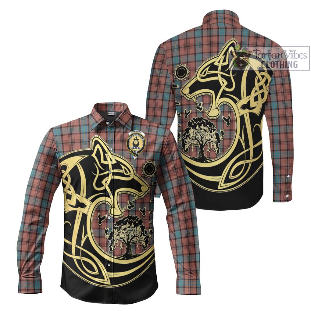 Hannay Dress Tartan Long Sleeve Button Shirt with Family Crest Celtic Wolf Style Men's Shirt S - Tartan Vibes Clothing