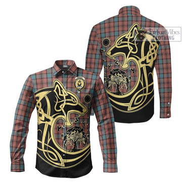 Hannay Dress Tartan Long Sleeve Button Shirt with Family Crest Celtic Wolf Style