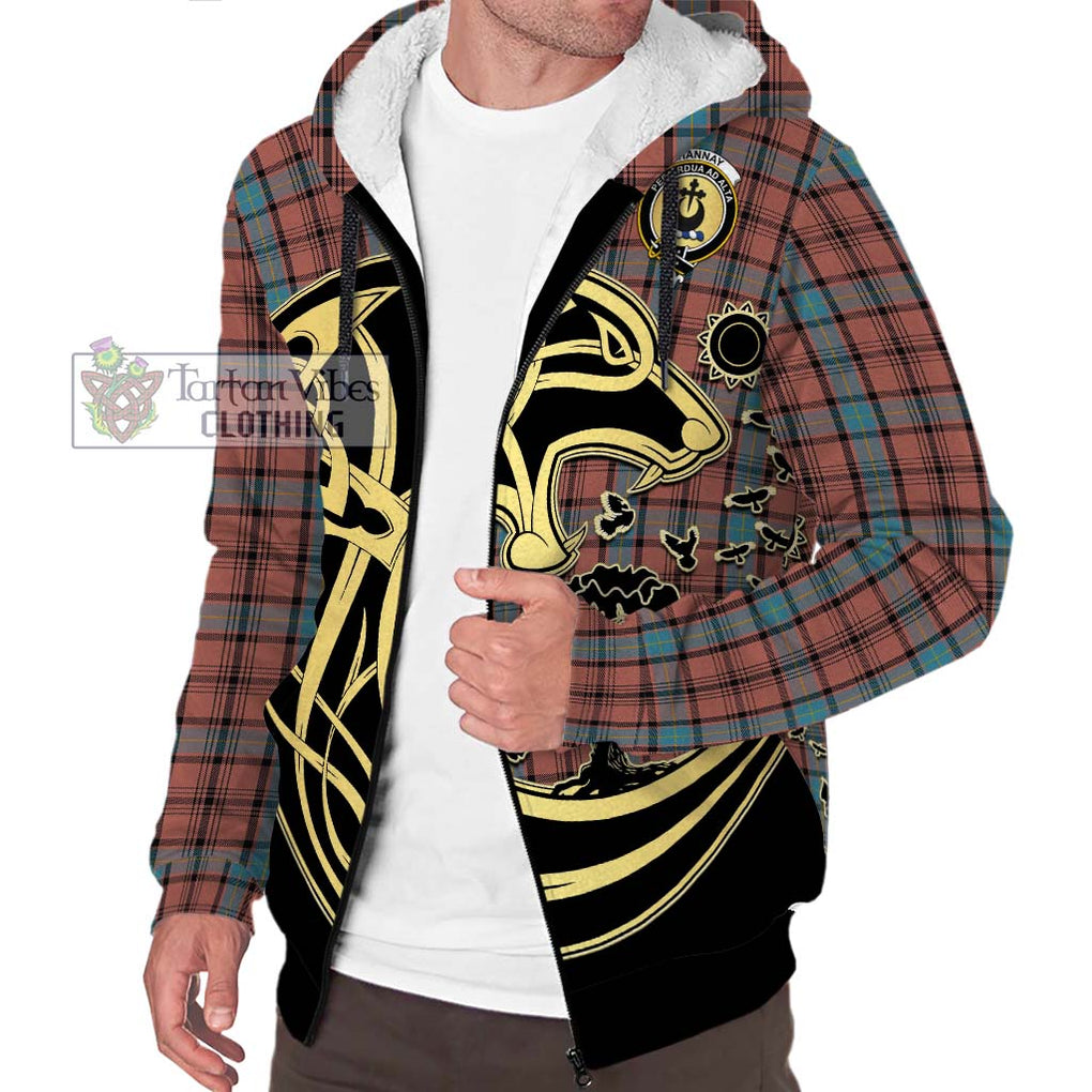 Hannay Dress Tartan Sherpa Hoodie with Family Crest Celtic Wolf Style Unisex S - Tartan Vibes Clothing