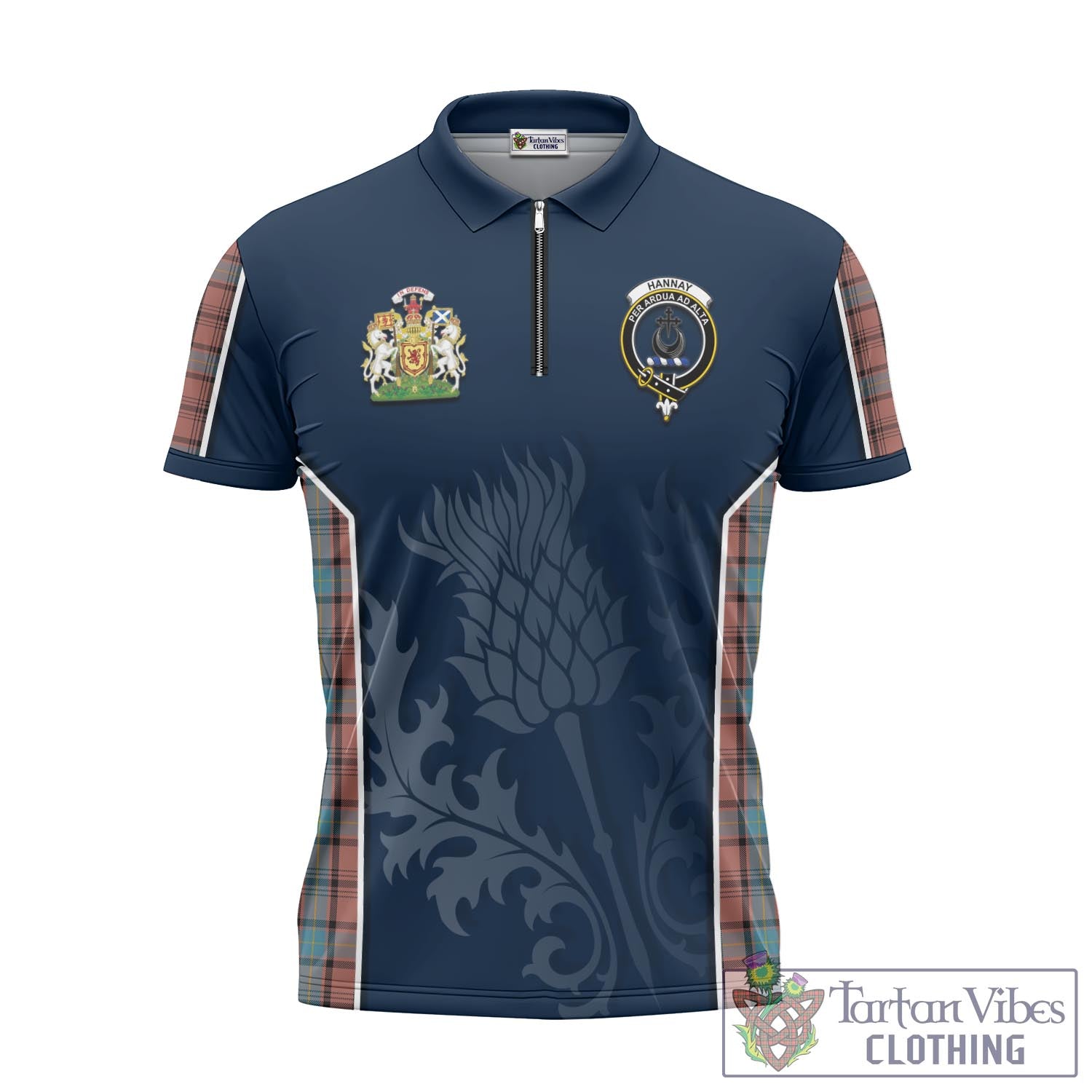 Tartan Vibes Clothing Hannay Dress Tartan Zipper Polo Shirt with Family Crest and Scottish Thistle Vibes Sport Style