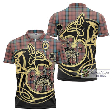 Hannay Dress Tartan Zipper Polo Shirt with Family Crest Celtic Wolf Style