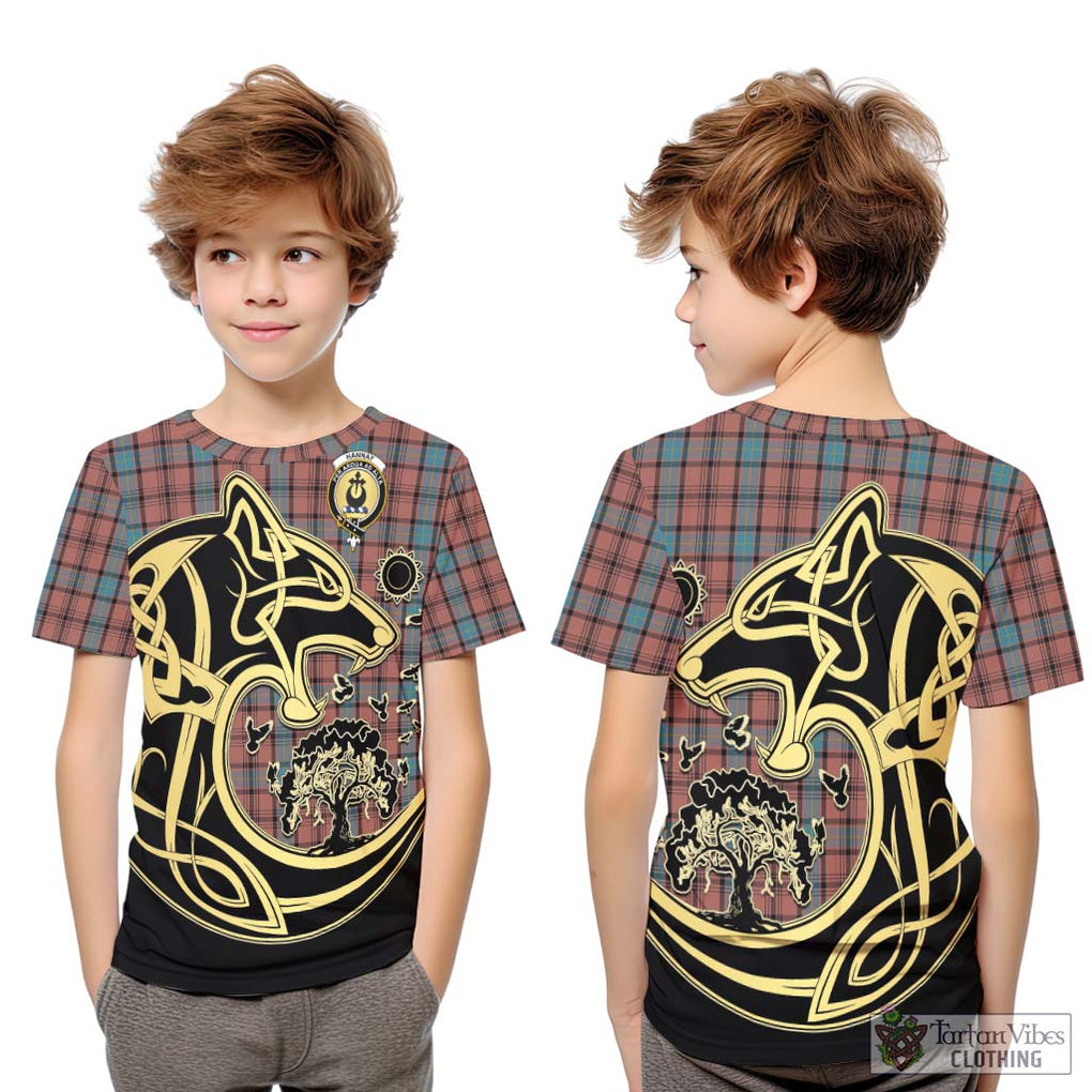 Hannay Dress Tartan Kid T-Shirt with Family Crest Celtic Wolf Style Youth XL Size14 - Tartan Vibes Clothing