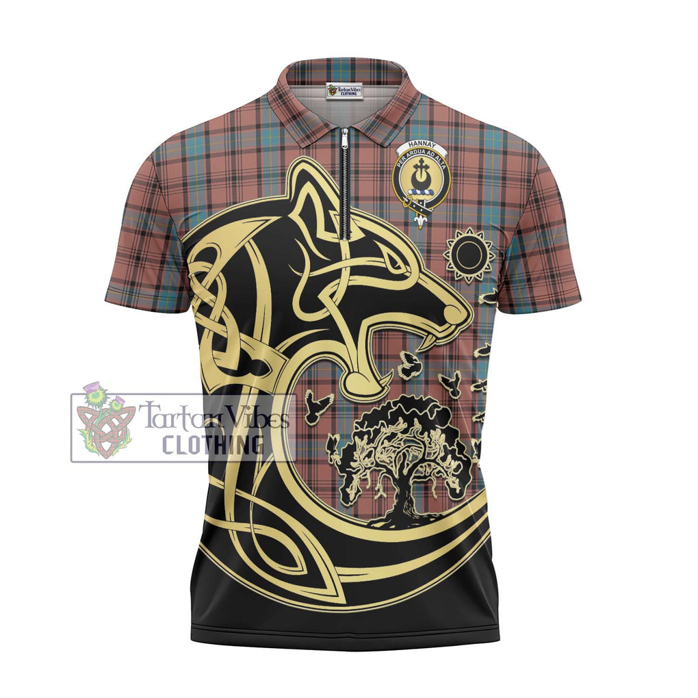 Hannay Dress Tartan Zipper Polo Shirt with Family Crest Celtic Wolf Style - Tartanvibesclothing Shop