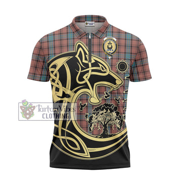 Hannay Dress Tartan Zipper Polo Shirt with Family Crest Celtic Wolf Style