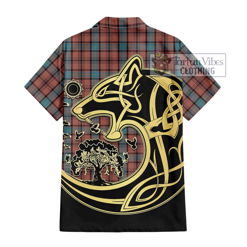 Hannay Dress Tartan Short Sleeve Button Shirt with Family Crest Celtic Wolf Style - Tartan Vibes Clothing