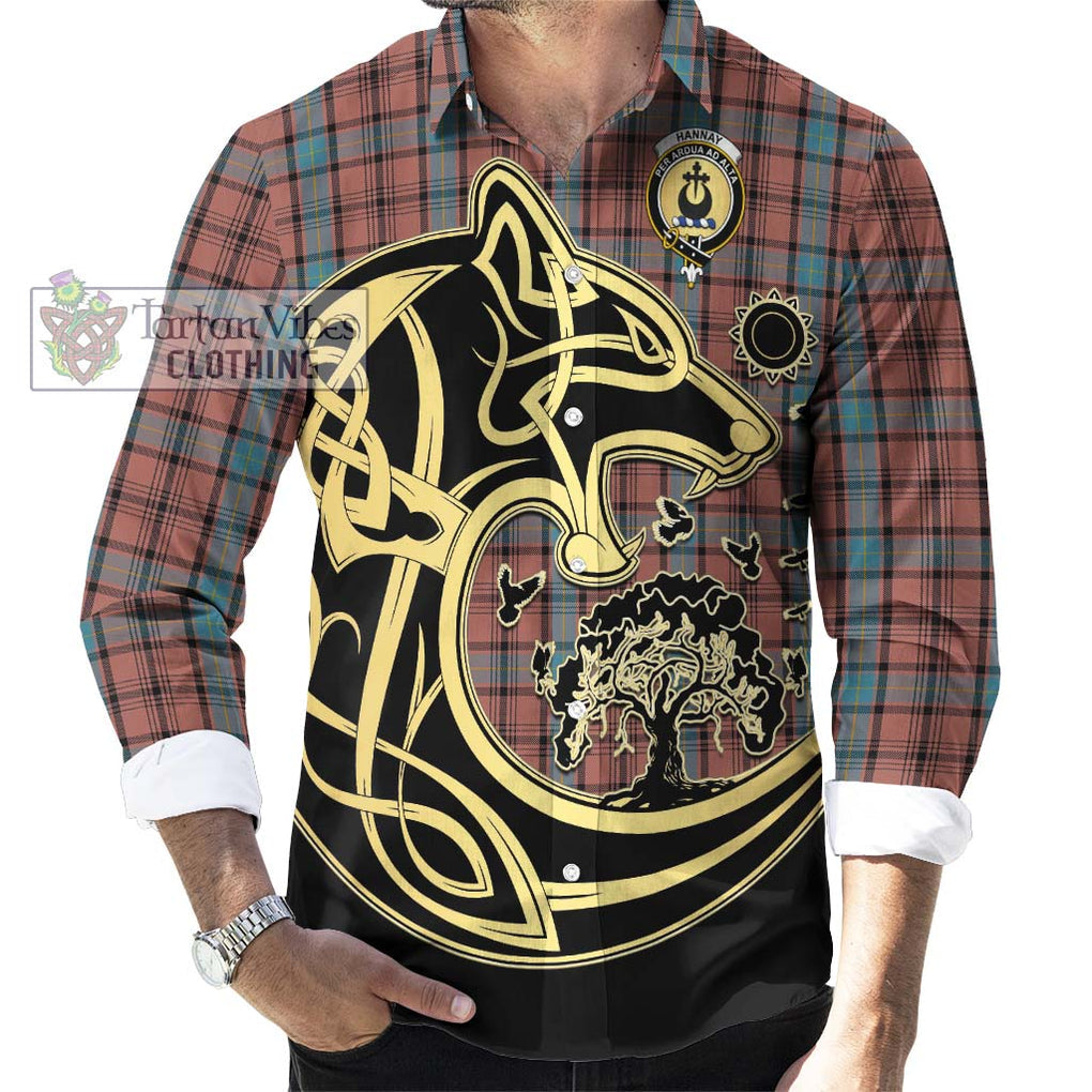 Hannay Dress Tartan Long Sleeve Button Shirt with Family Crest Celtic Wolf Style - Tartan Vibes Clothing