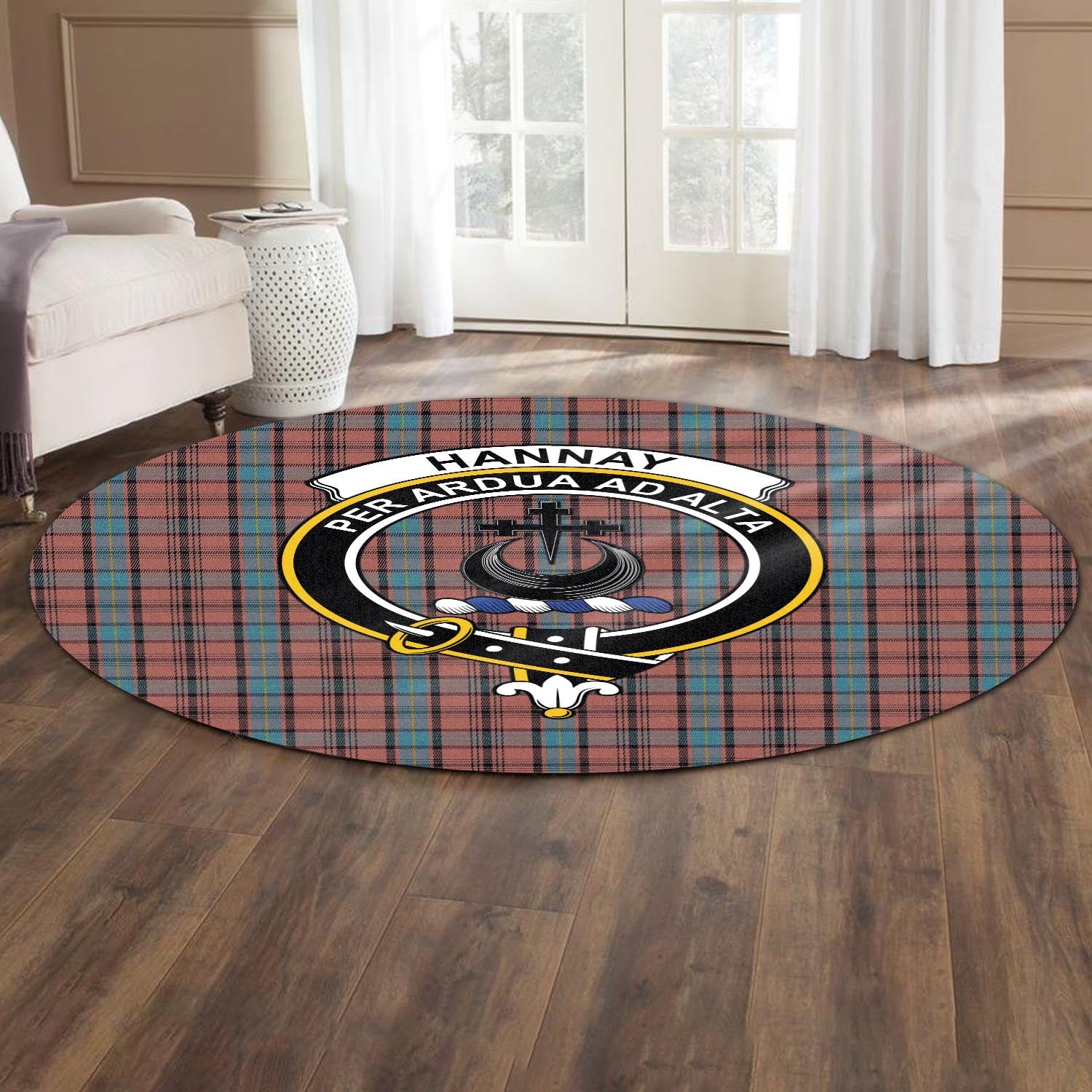 hannay-dress-tartan-round-rug-with-family-crest