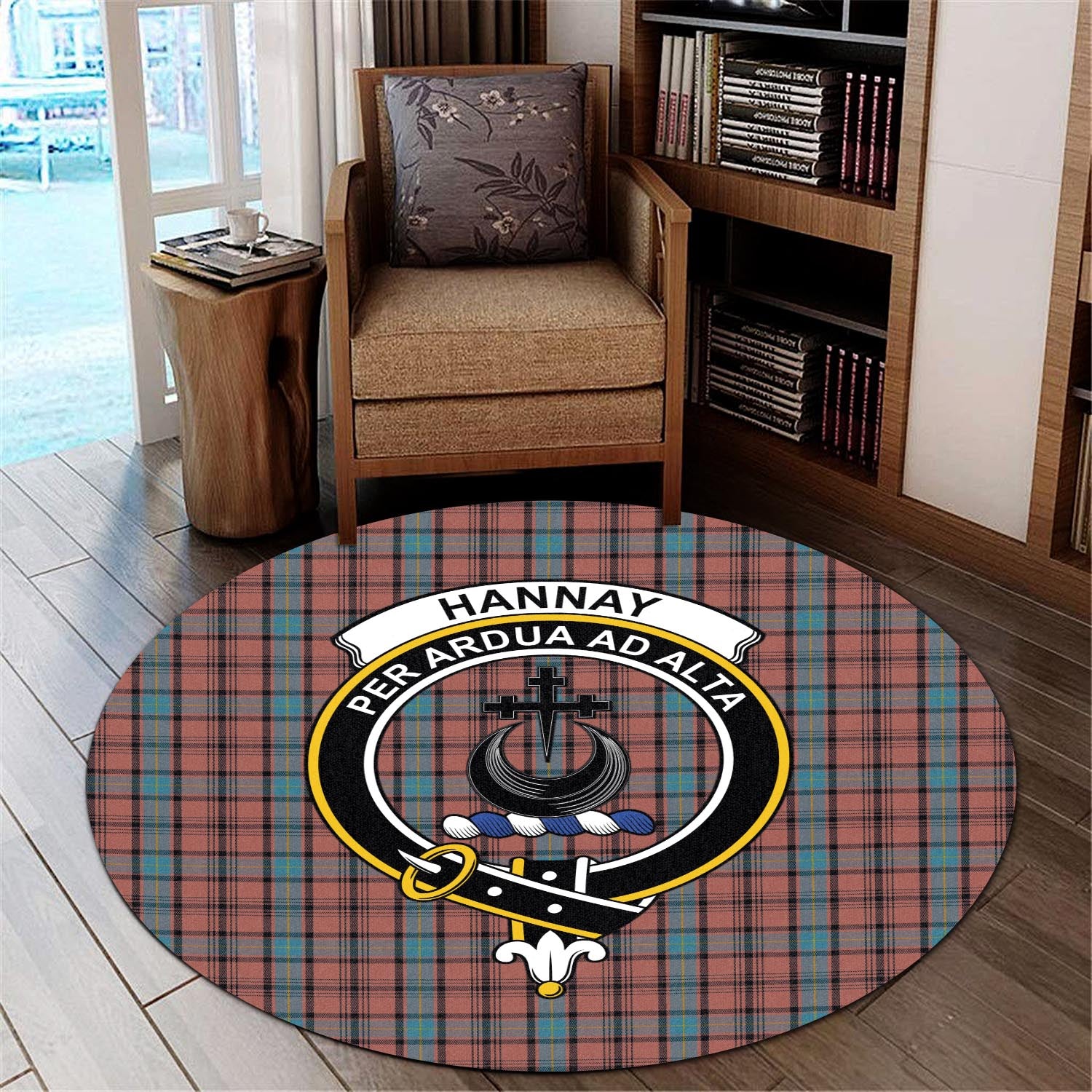 hannay-dress-tartan-round-rug-with-family-crest