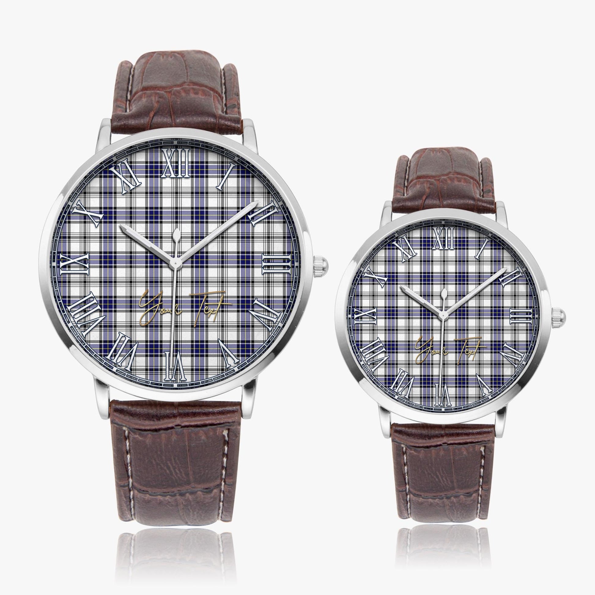 Hannay Modern Tartan Personalized Your Text Leather Trap Quartz Watch Ultra Thin Silver Case With Brown Leather Strap - Tartanvibesclothing