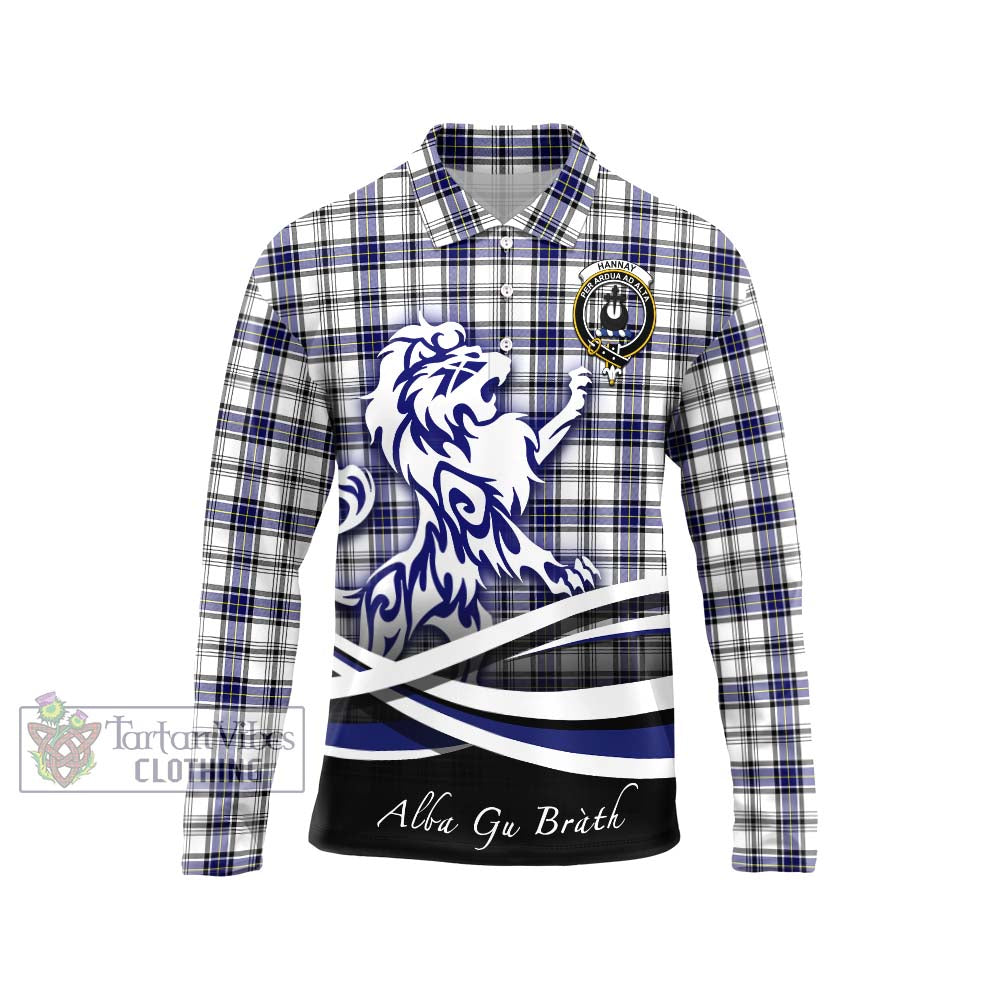 Hannay Tartan Long Sleeve Polo Shirt with Alba Gu Brath Regal Lion Emblem Unisex - Tartanvibesclothing Shop