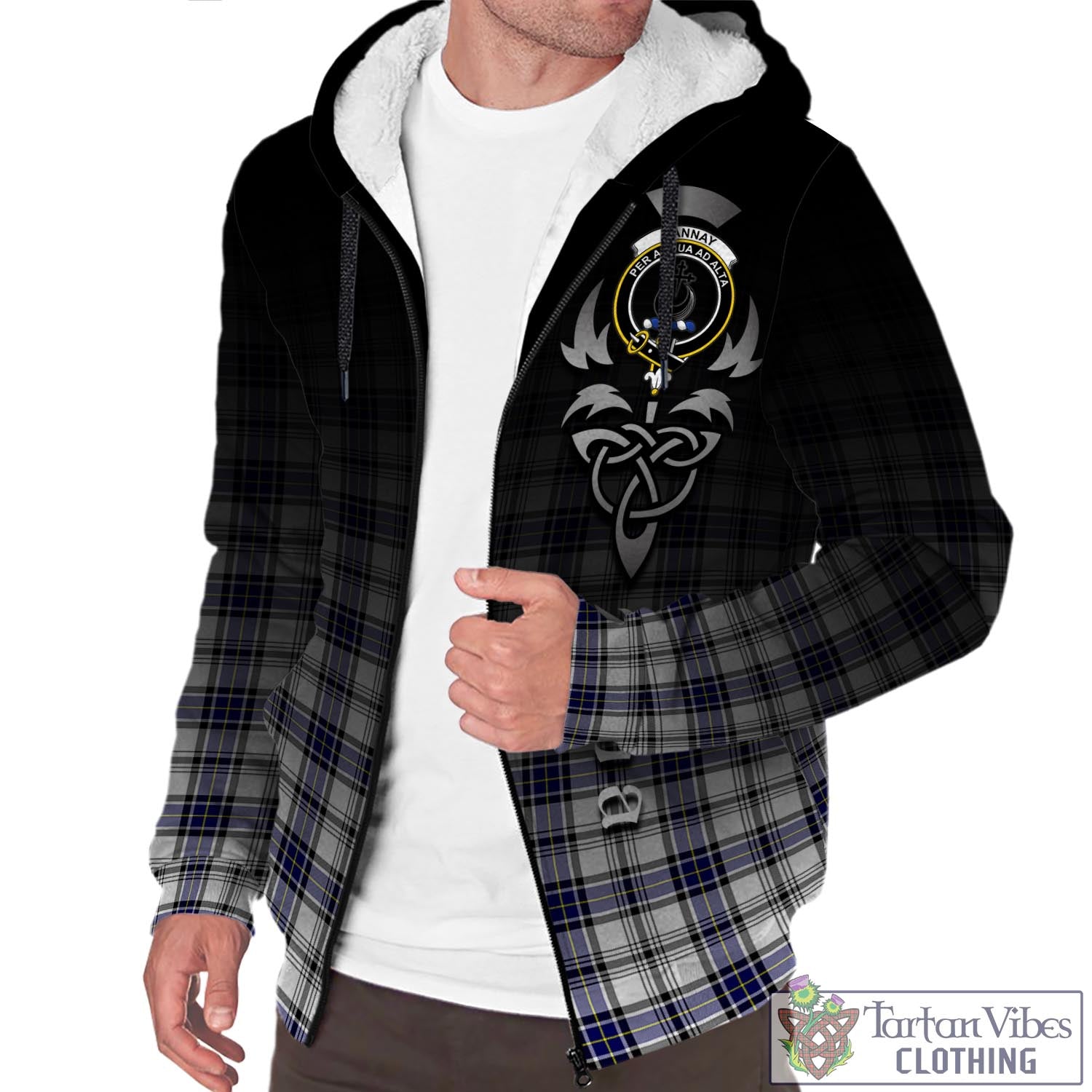 Tartan Vibes Clothing Hannay Modern Tartan Sherpa Hoodie Featuring Alba Gu Brath Family Crest Celtic Inspired