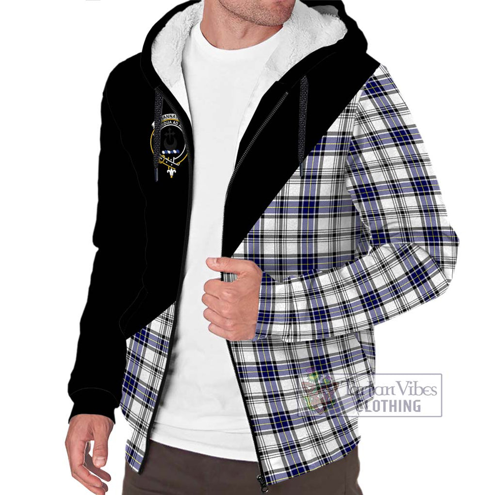 Hannay Tartan Sherpa Hoodie with Family Crest and Military Logo Style Unisex S - Tartanvibesclothing Shop