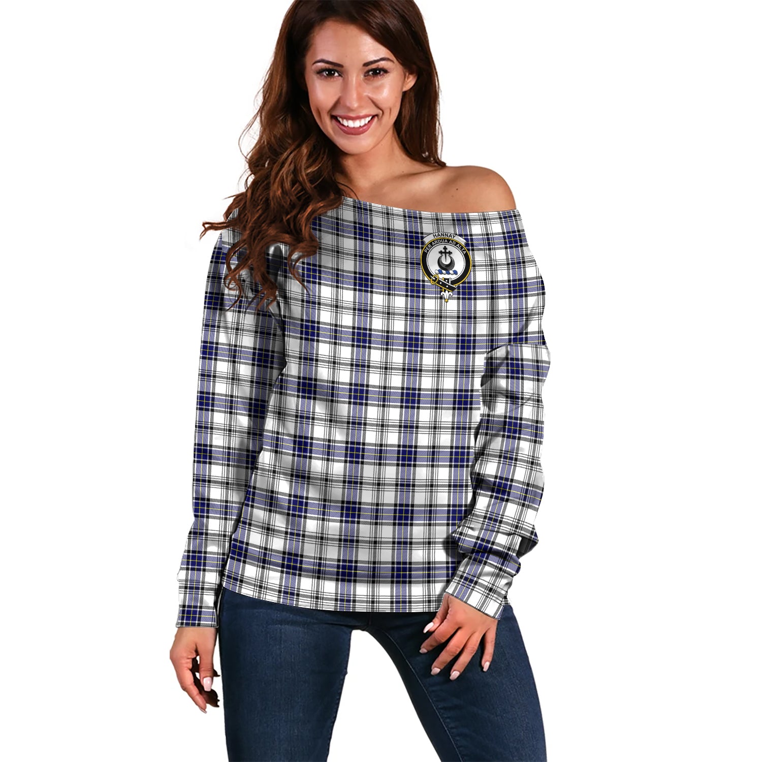 Hannay Modern Tartan Off Shoulder Women Sweater with Family Crest Women - Tartanvibesclothing