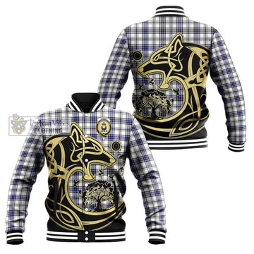 Hannay Tartan Baseball Jacket with Family Crest Celtic Wolf Style