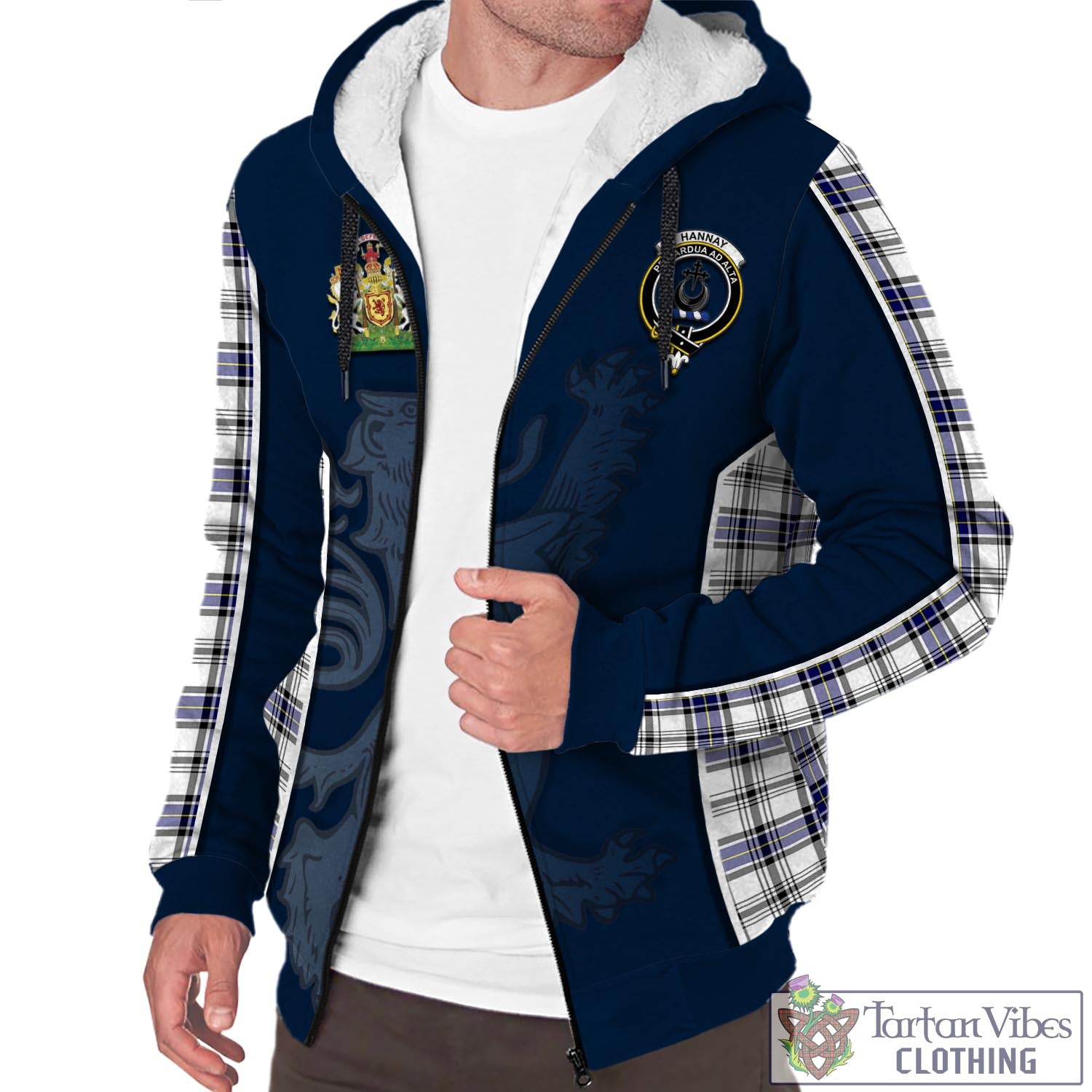 Tartan Vibes Clothing Hannay Modern Tartan Sherpa Hoodie with Family Crest and Lion Rampant Vibes Sport Style